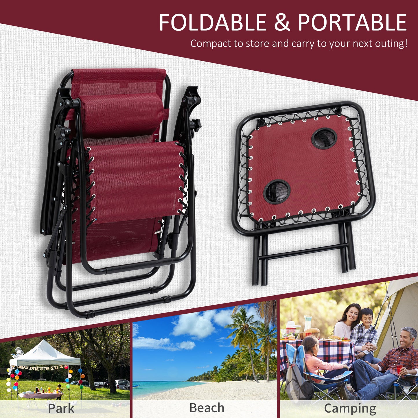 Zero Gravity Chair Set of 2 Patio Chair with Side Table Cupholders and Pillows for Pool, Backyard, Lawn, Beach, Red