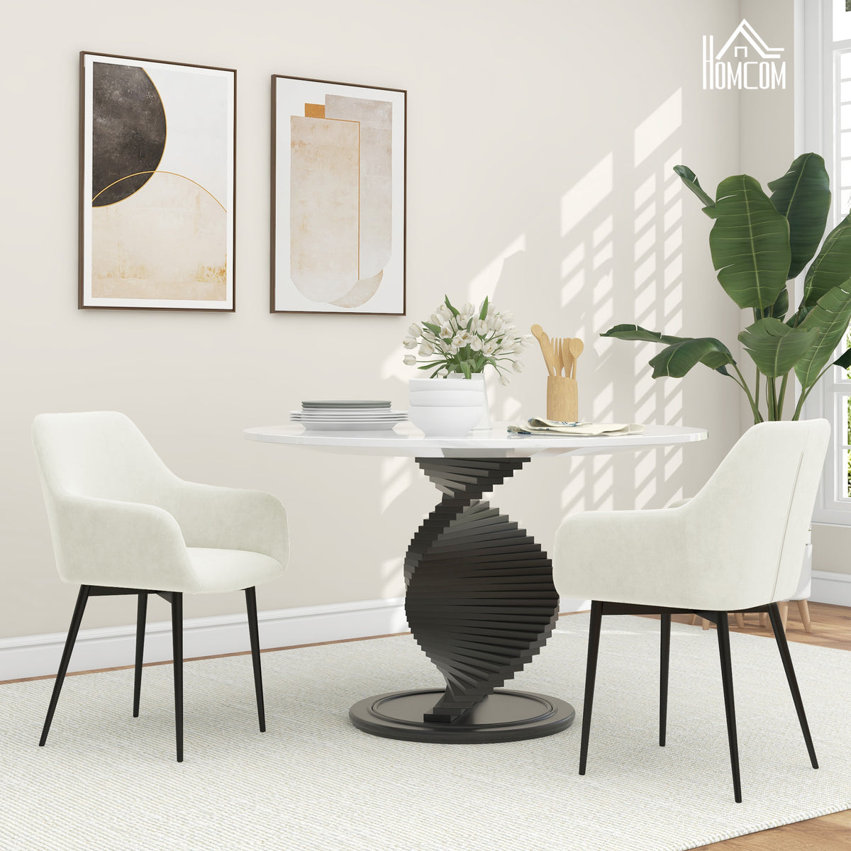 Dining Chairs Set of 2, Velvet-look Fabric Upholstered Kitchen Chairs with Backrest, Armrests and Steel Legs, Cream White