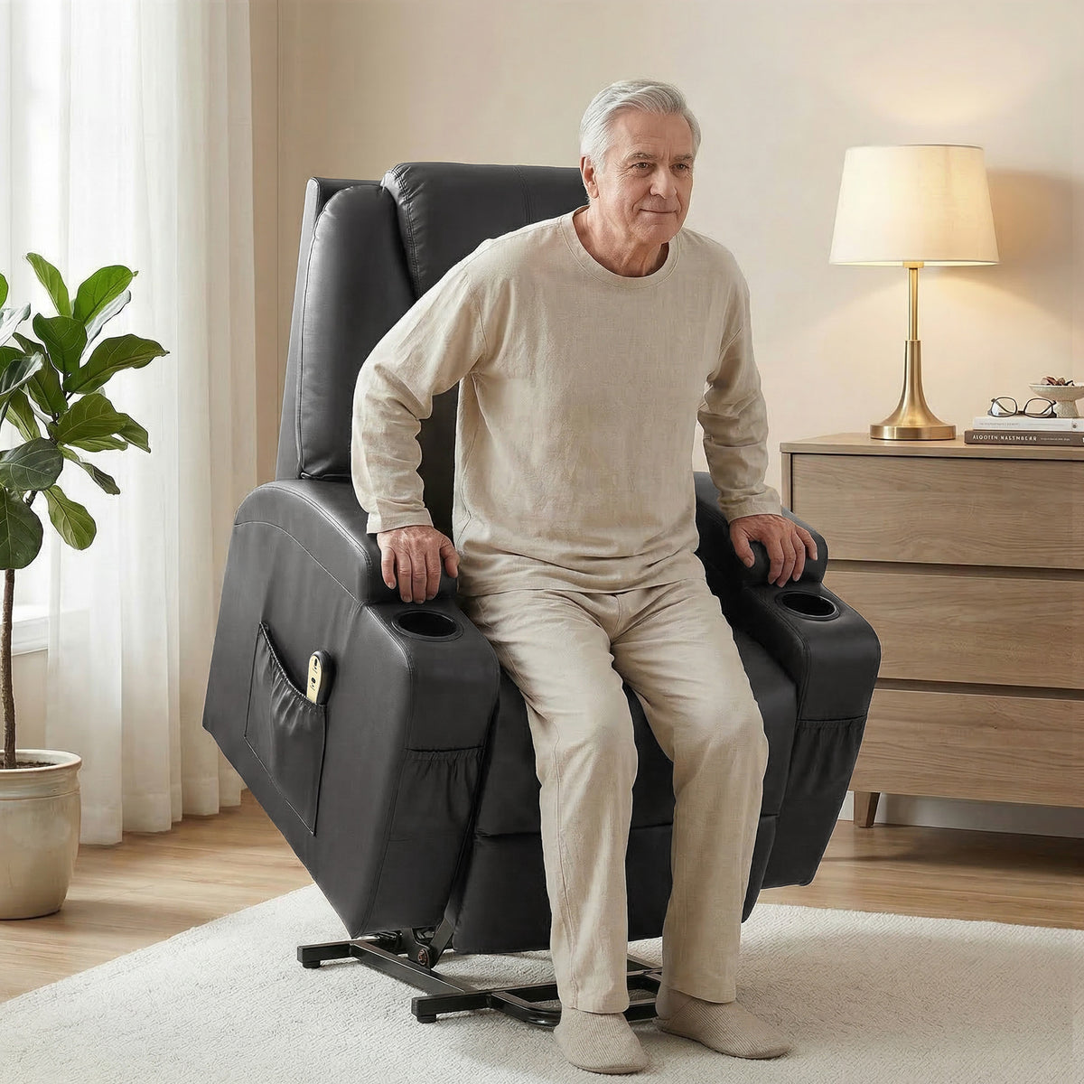 Power Lift Recliner Chair for Elderly, PU Leather Lift Chair with Thick and High Back, Footrest, Remote, Side Pockets, Cup Holders, Reclining Sofa for Living Room, Black