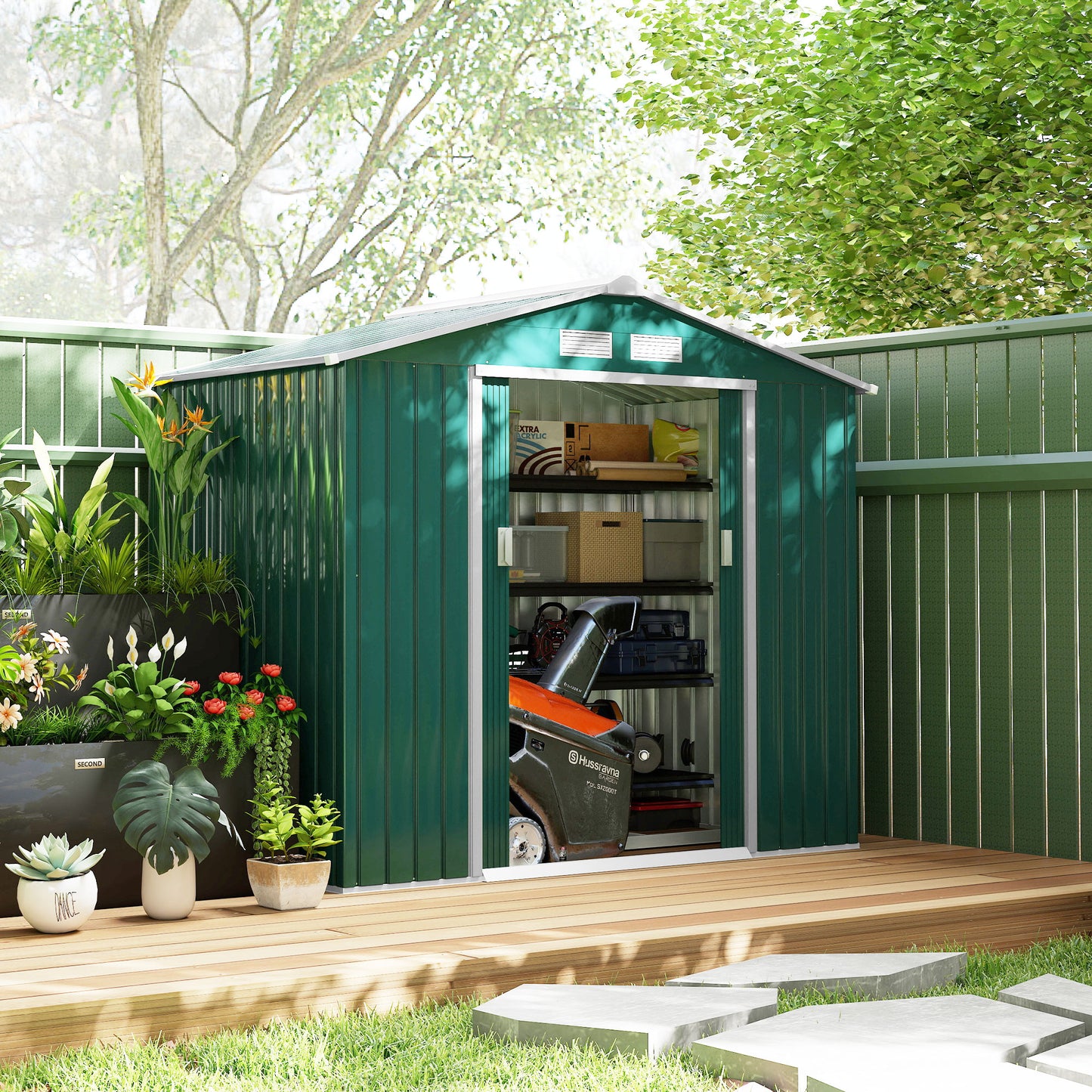 7' x 4' x 6' Garden Storage Shed Outdoor Patio Metal Tool Storage House w/ Foundation Kit and Double Doors Green