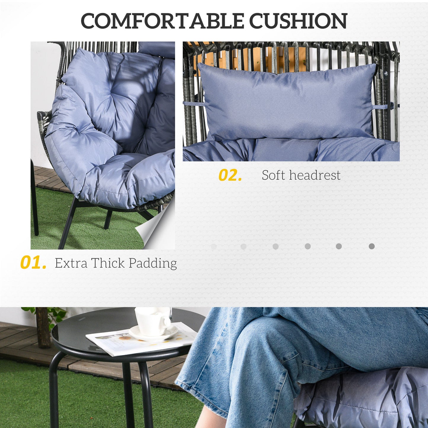 Wicker Egg Chair Outdoor Indoor Rattan Oversized Patio Lounge Chair with 5.5" Cushions and Headrest, Grey
