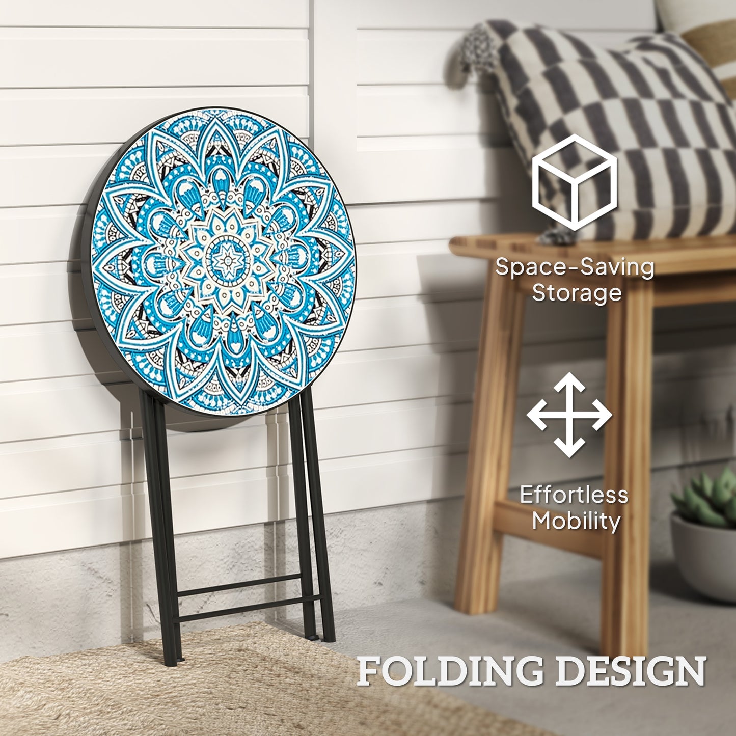 Mosaic Outdoor Patio Side Table, 14" Round Folding Outdoor Coffee Table with Steel Frame for Balcony Deck Patio Terrace, Mixed Colour