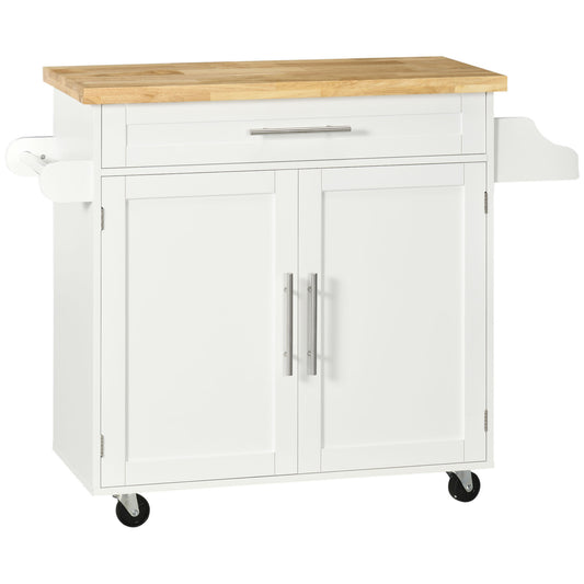 Rolling Kitchen Island with Wood Top and Spice Rack - White