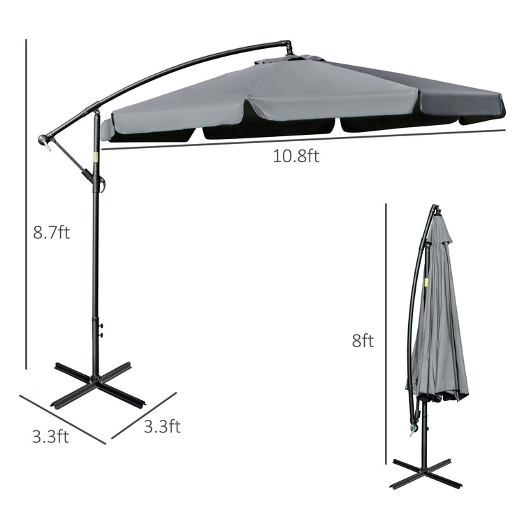 11FT Dark Grey Cantilever Umbrella with Cross Base & 8 Ribs