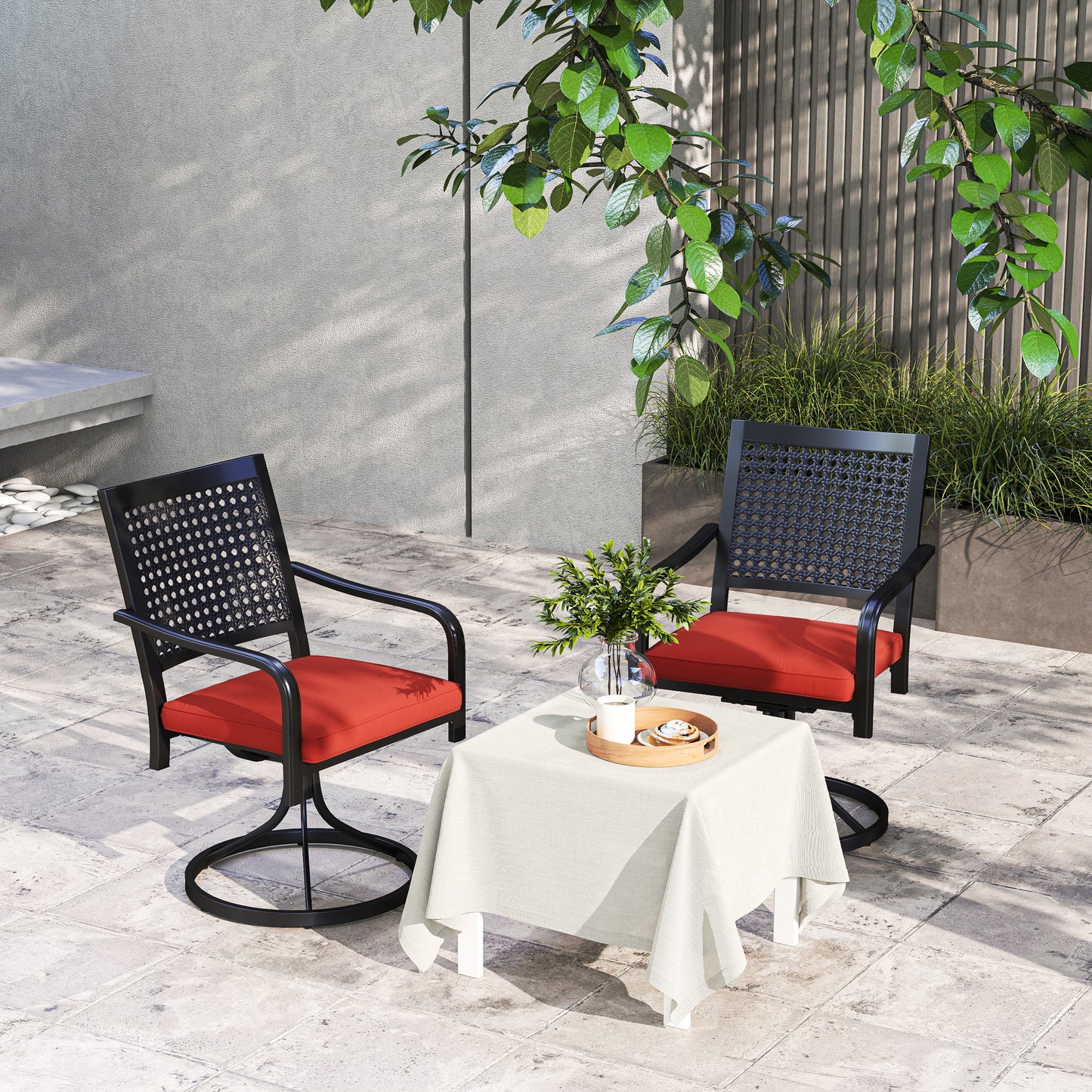 Patio Swivel Chairs with Cushion, Outdoor Swivel Rocker with Curved Armrests, Red