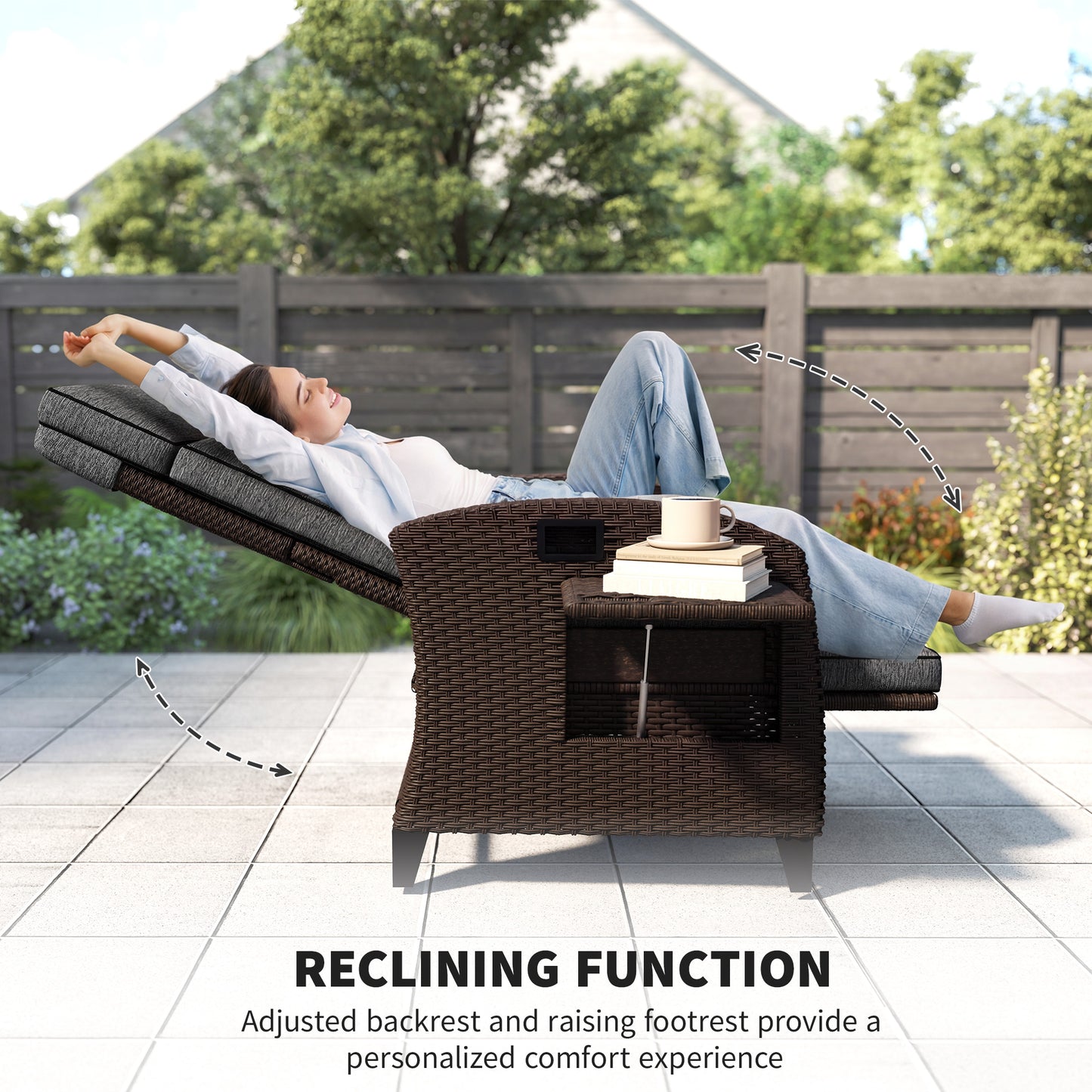 Outdoor Recliner Chair with Adjustable Backrest, Cushion, Side Tray, Dark Grey