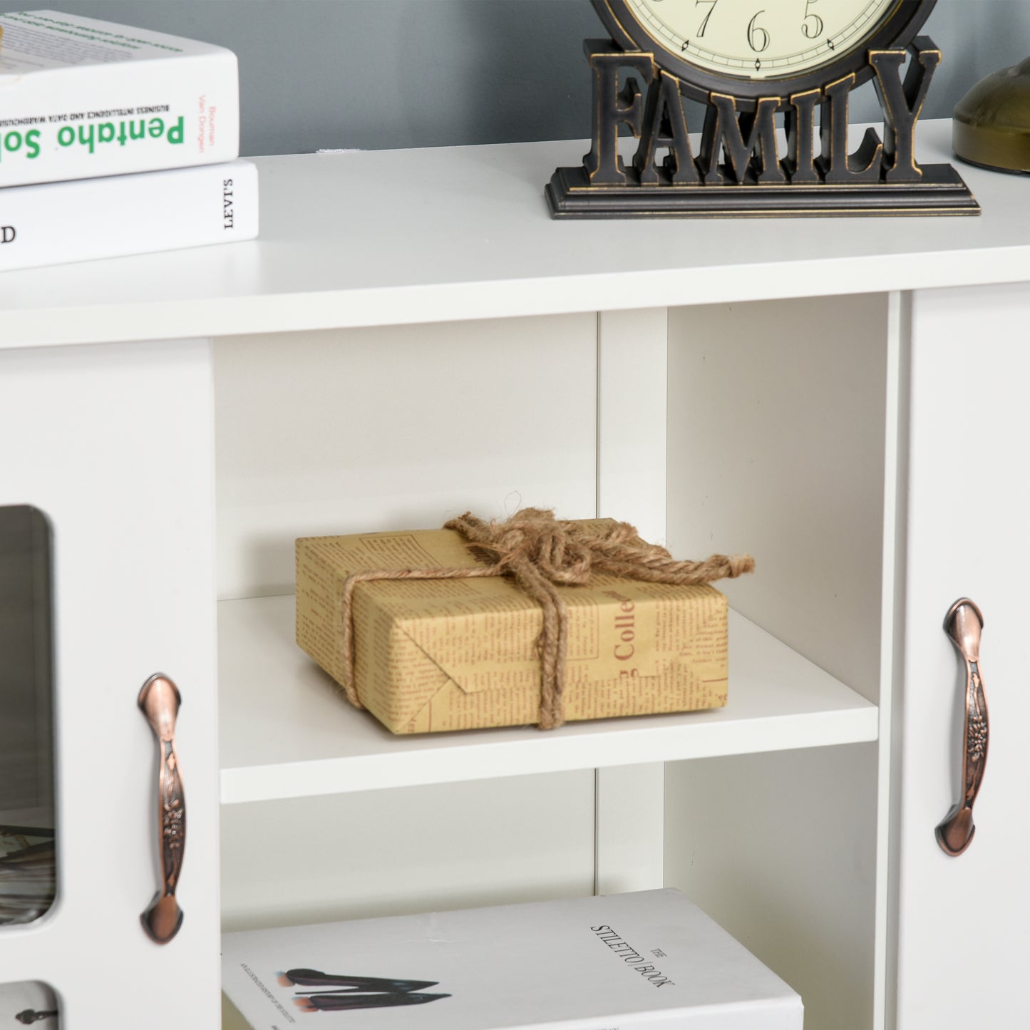 Modern Kitchen Sideboard with 2 Drawers, Coffee Bar Cabinet with Glass Doors Storage Cupboard and Open Shelf, White