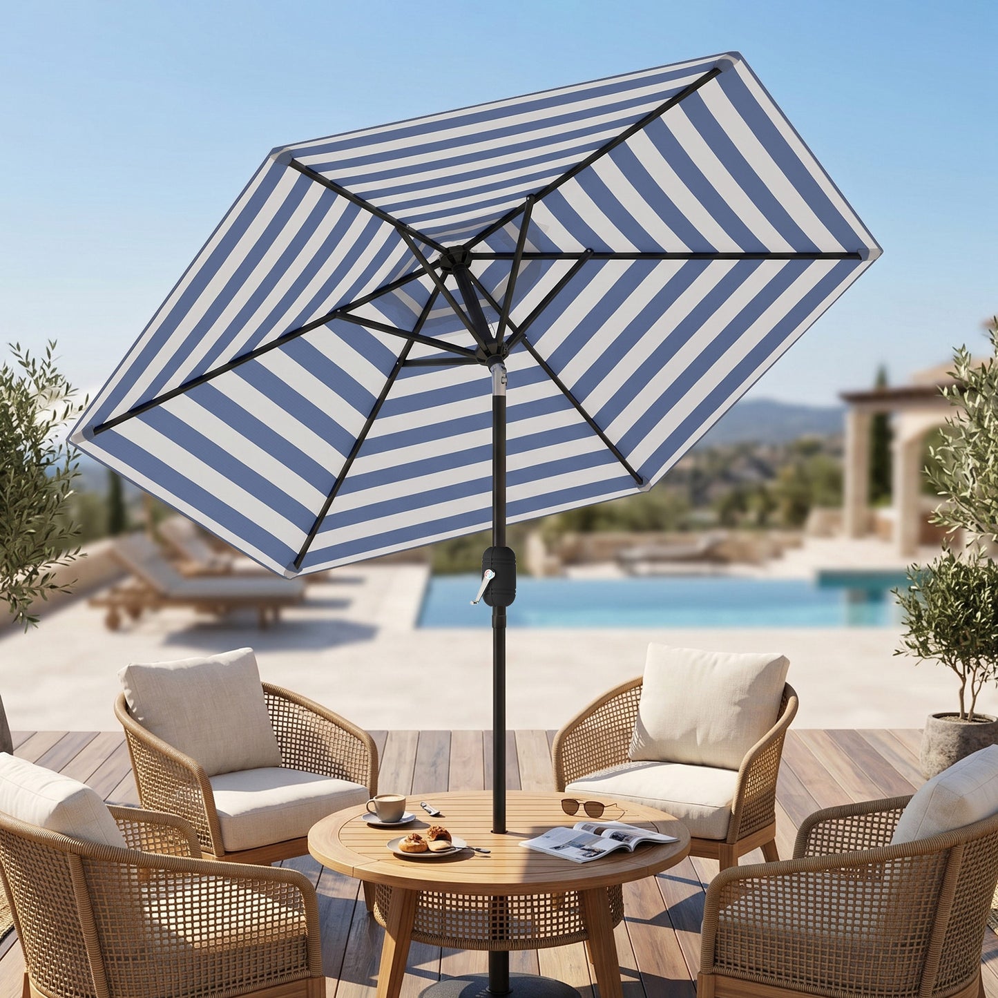 Patio Sun Umbrella, Outdoor Parasol with 6 Ribs, Blue Stripes