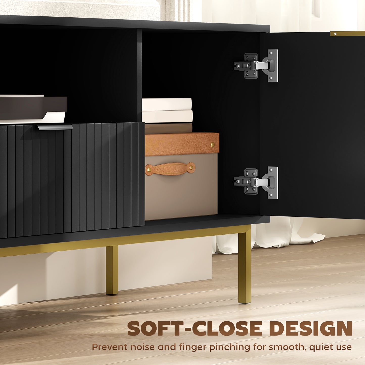 Modern TV Console for TVs up to 60 Inch, Entertainment Center with Smart RGB LED Lights and Soft Close Doors, Black