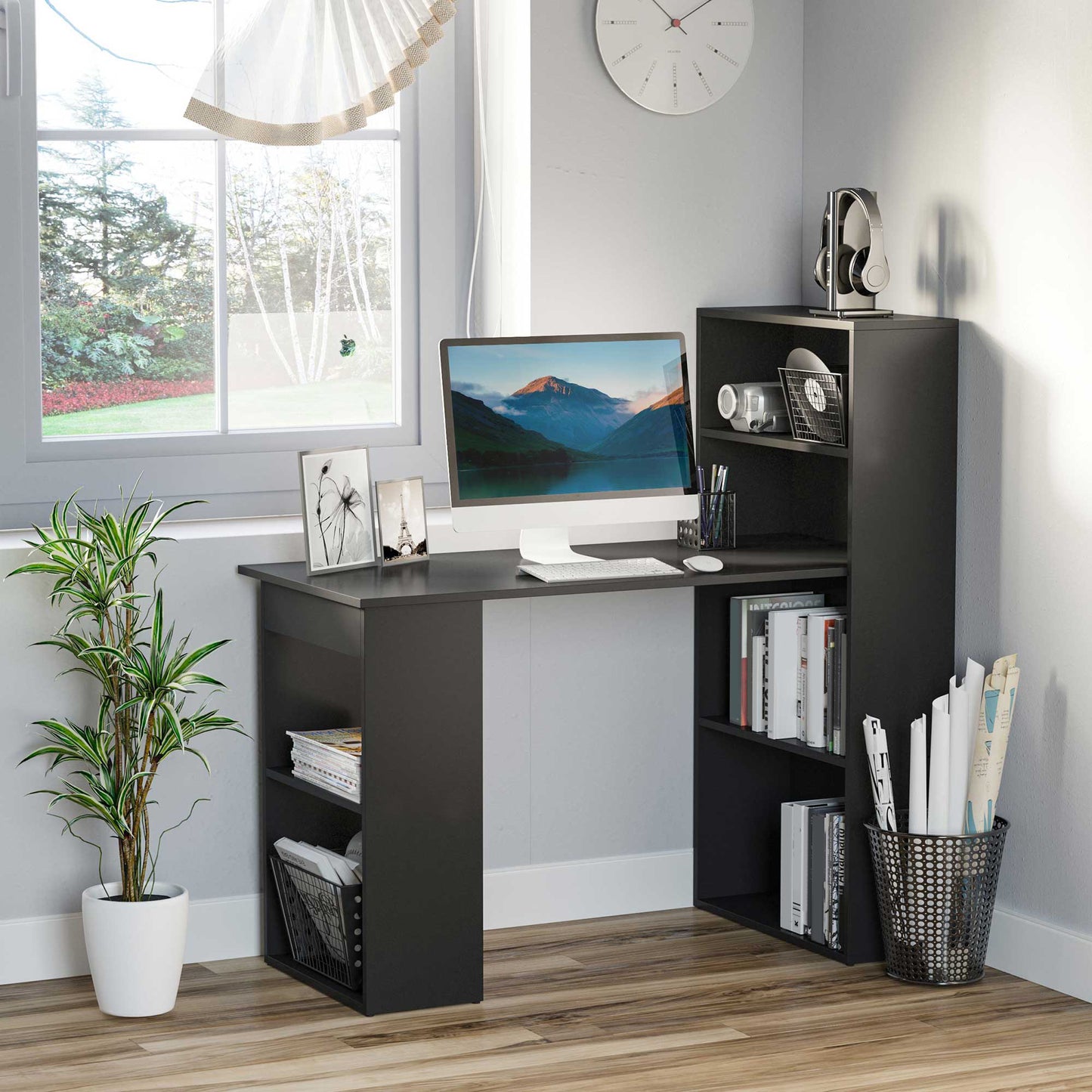 Modern Computer Desk with Storage Shelves, 47" Writing Table Workstation with Bookshelf for Home Office, Black