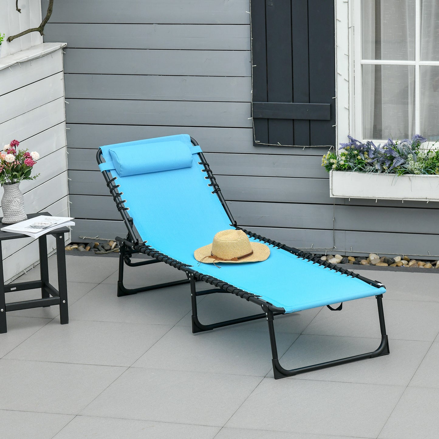 Outdoor Folding Lounge Chair, 4-Level Adjustable Chaise Lounge with Headrest, Tanning Chair Beach Bed, Reclining Lounger Cot for Camping, Hiking, Backyard, Sky Blue
