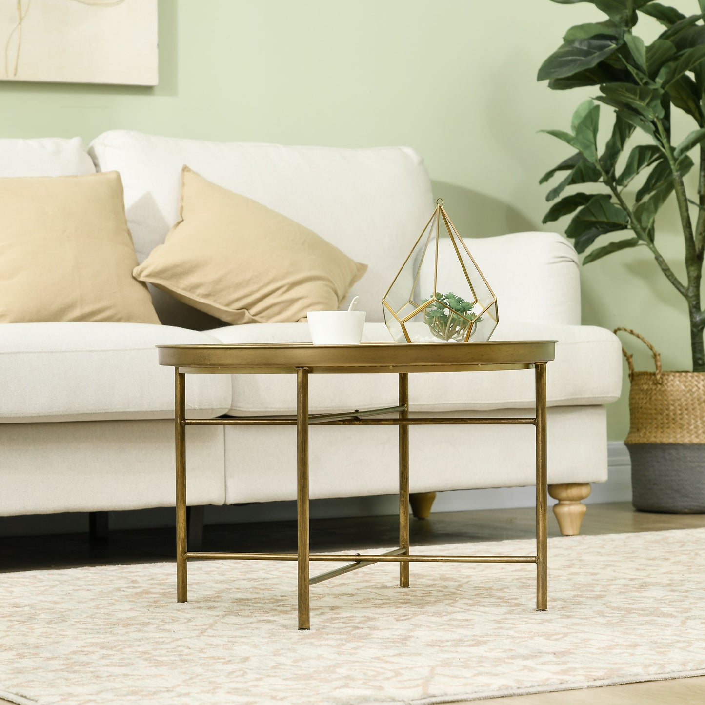 Vintage Coffee Table for Living Room, 24" Round Center Table with Hammered Tray Top and Metal Frame, Gold