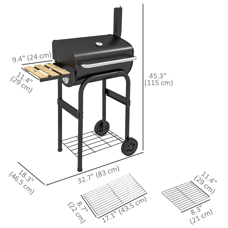 Black Charcoal BBQ Grill with Thermometer & Shelves
