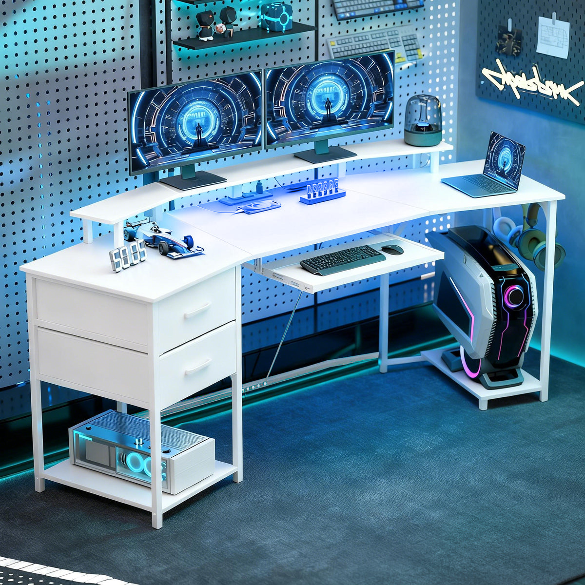 79 inch Gaming Desk with RGB Lights, Computer Table with Power Outlets & USB Ports, Keyboard Tray and 2 Drawers, White
