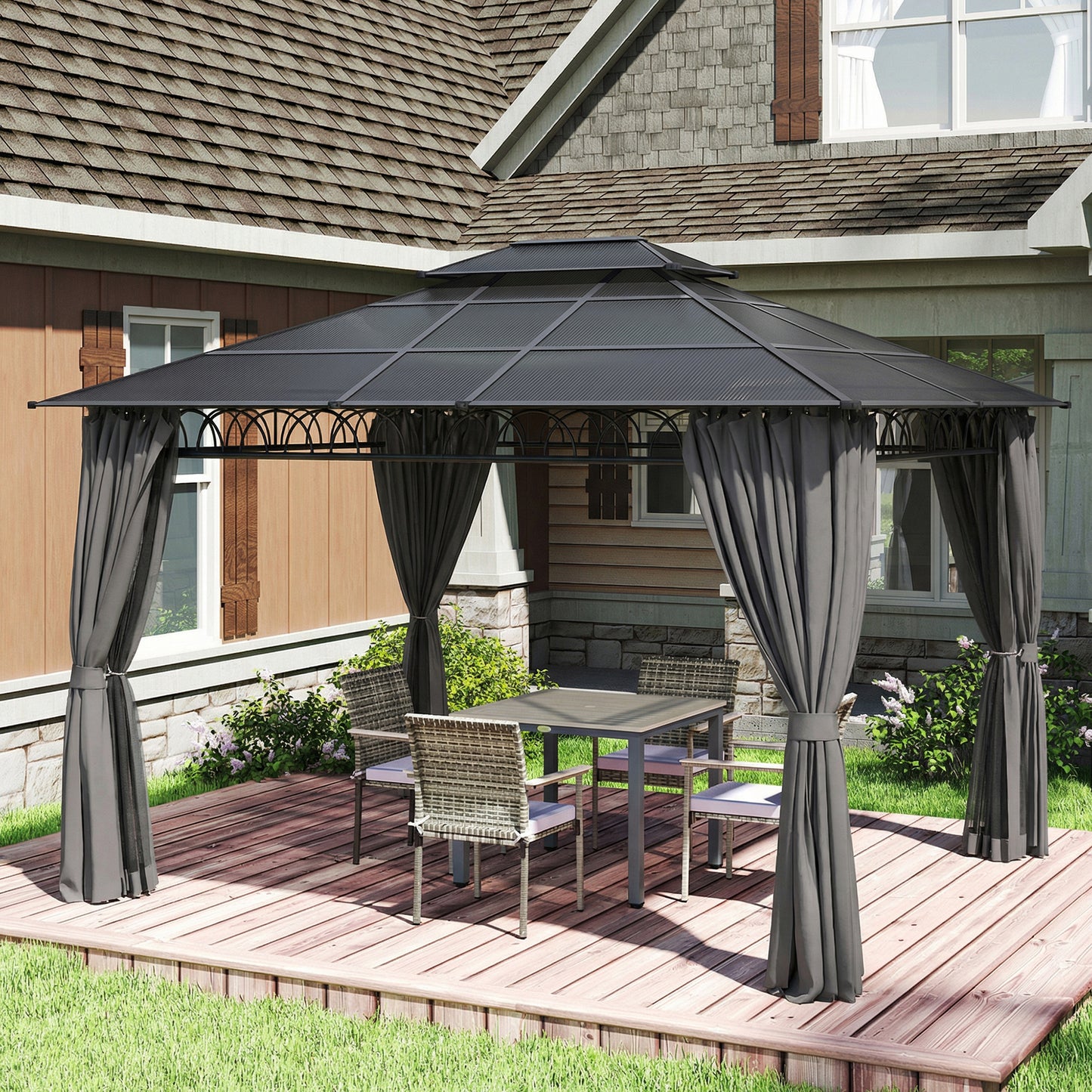 10' x 12' Outdoor Gazebo Canopy, Double Roof Hardtop Gazebo with Polycarbonate Roof, Steel Frame, Nettings and Curtains