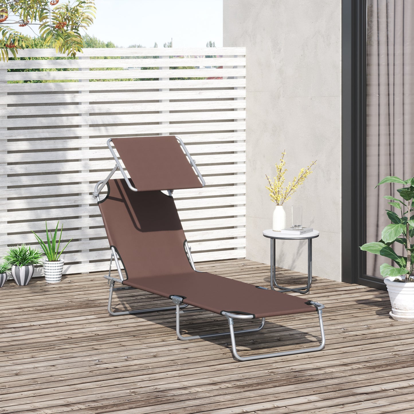 Outdoor Lounge Chair, Adjustable Folding Chaise Lounge, Tanning Chair with Sun Shade for Beach, Camping, Hiking, Backyard, Light Grey - Brown