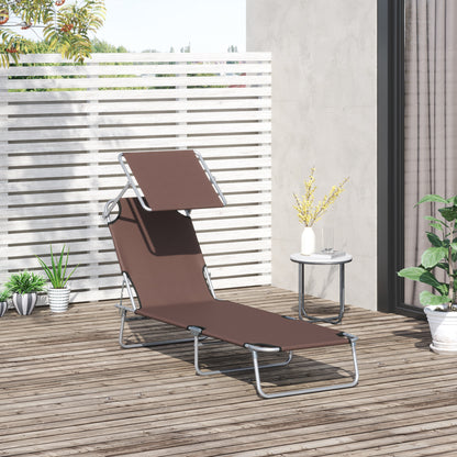 Outdoor Lounge Chair, Adjustable Folding Chaise Lounge, Tanning Chair with Sun Shade for Beach, Camping, Hiking, Backyard, Light Grey - Brown