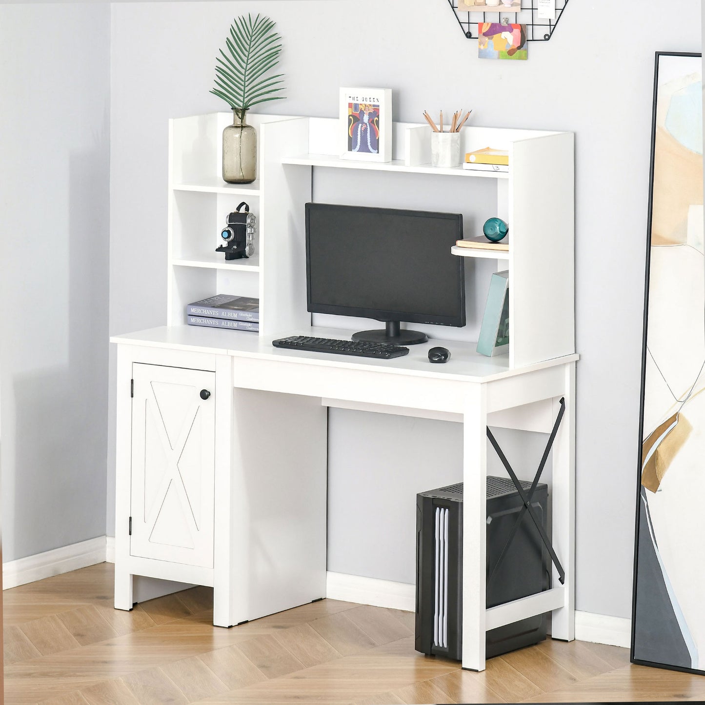 Computer Desk with Storage, 47 Inch Farmhouse Home Office Desk with Open Shelves and 2-Tier Cabinet, White