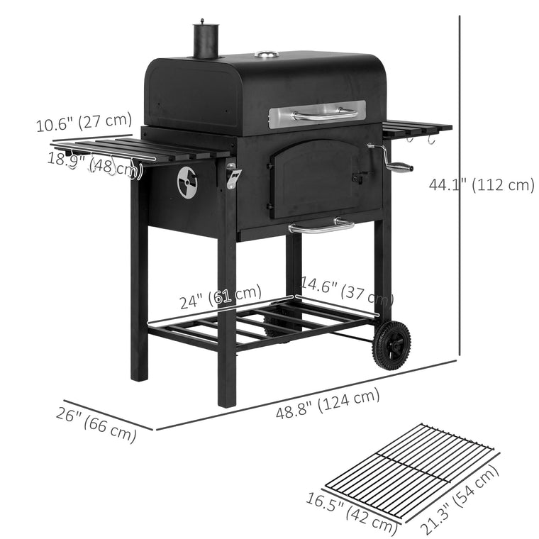 Black Charcoal Smoker with Adjustable Height & Folding Shelves