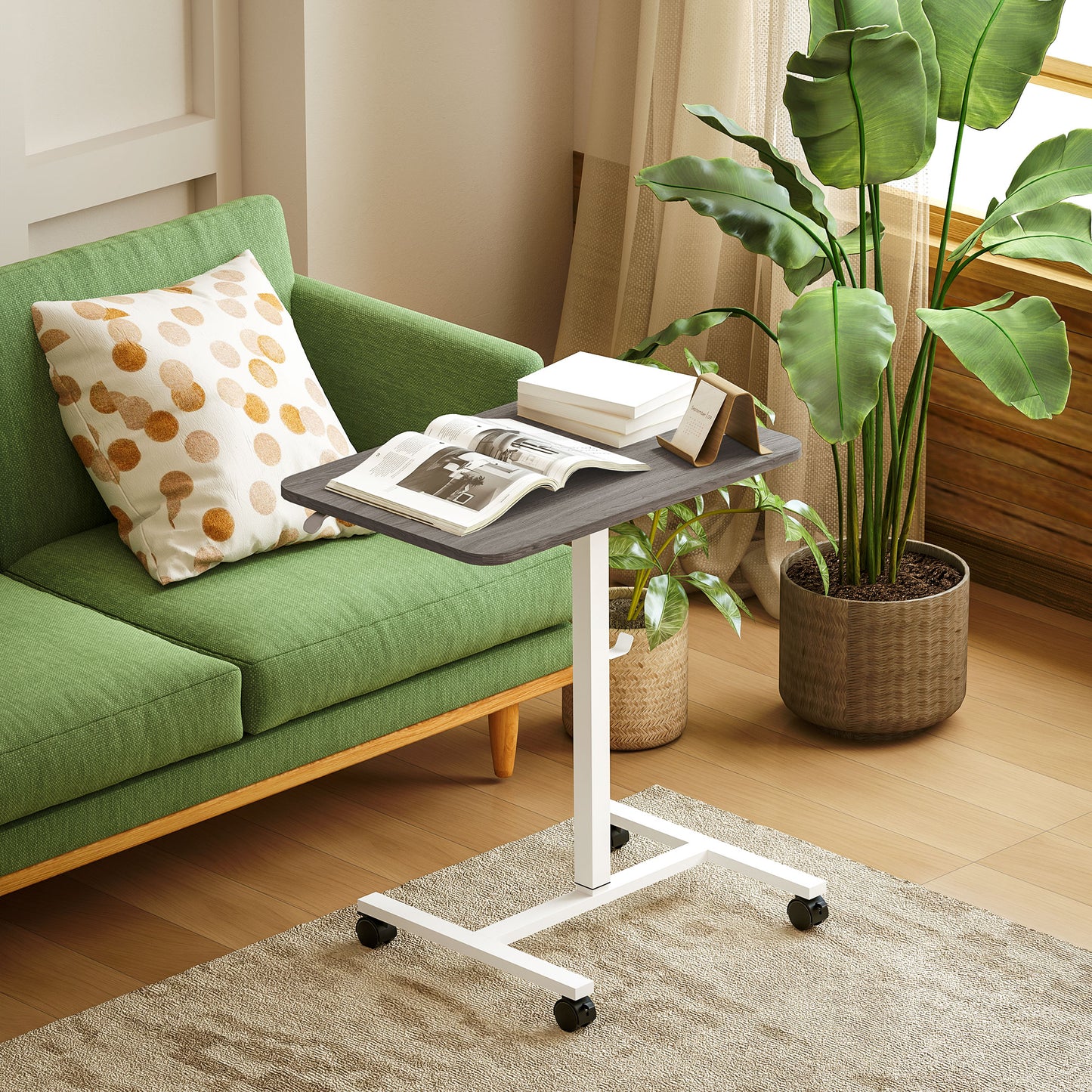 Height Adjustable Standing Desk, Pneumatic Sit Stand Desk with Wheels and Headphone Hook, Grey Wood Grain