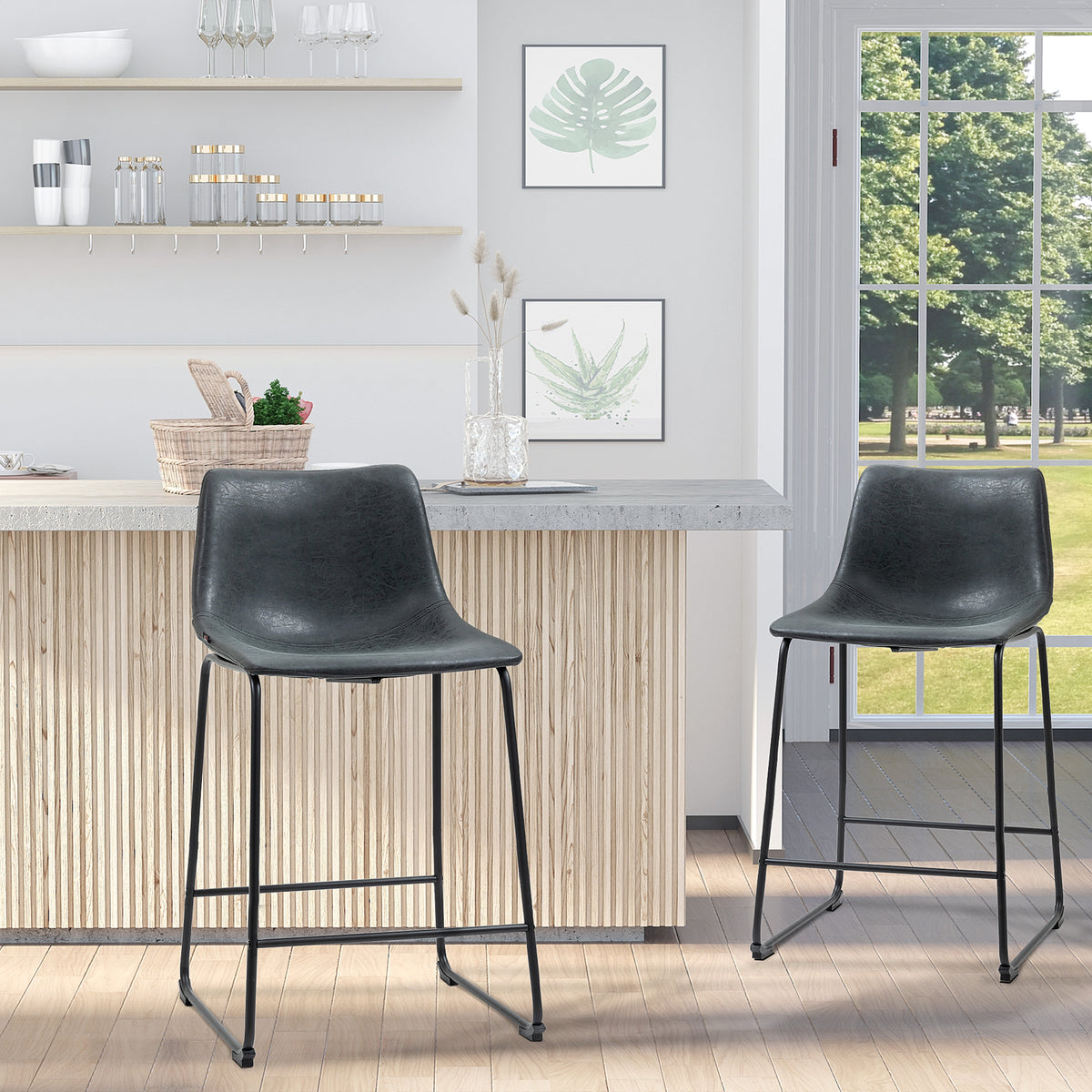 Counter Height Bar Stools Set of 2, Vintage PU Leather Bar Chairs, Kitchen Stool with Footrest, Black