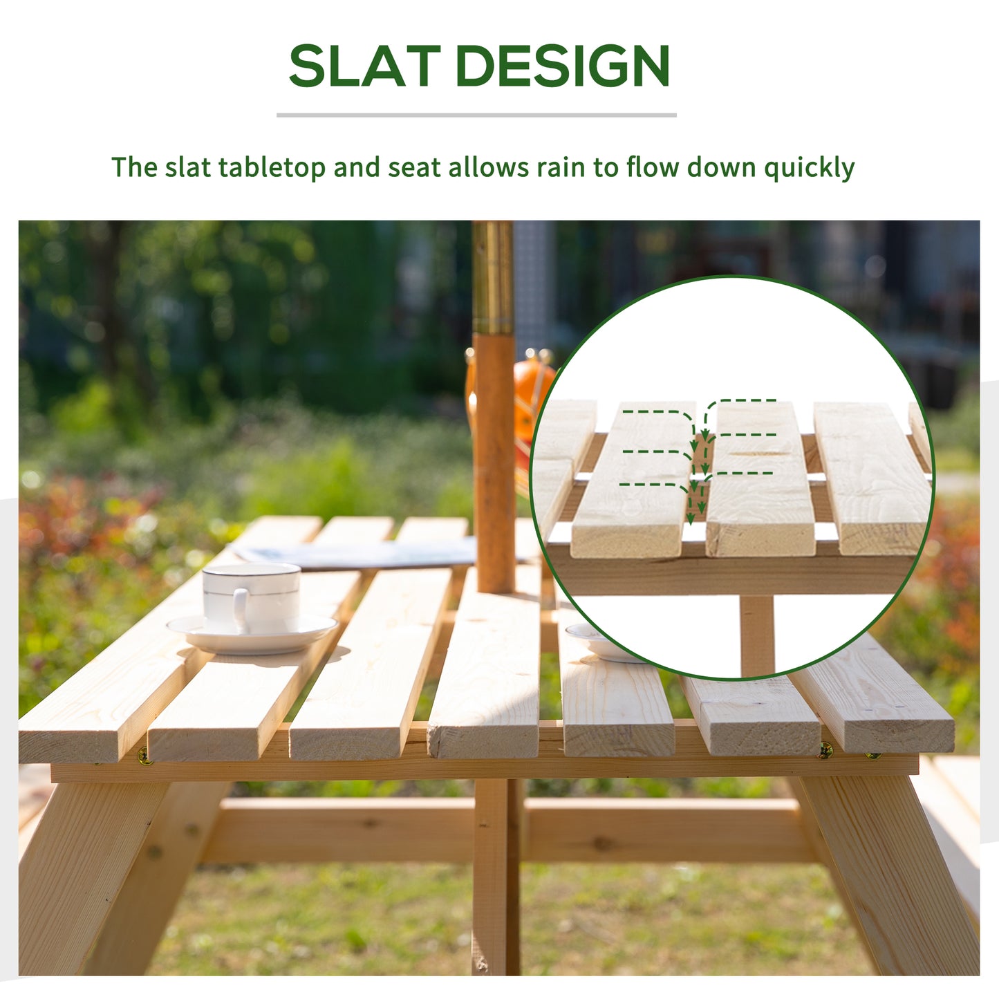 Wood Picnic Table, Camping Table and Bench Set with Umbrella Hole for Outdoor, Garden, Patio, Backyard, Natural