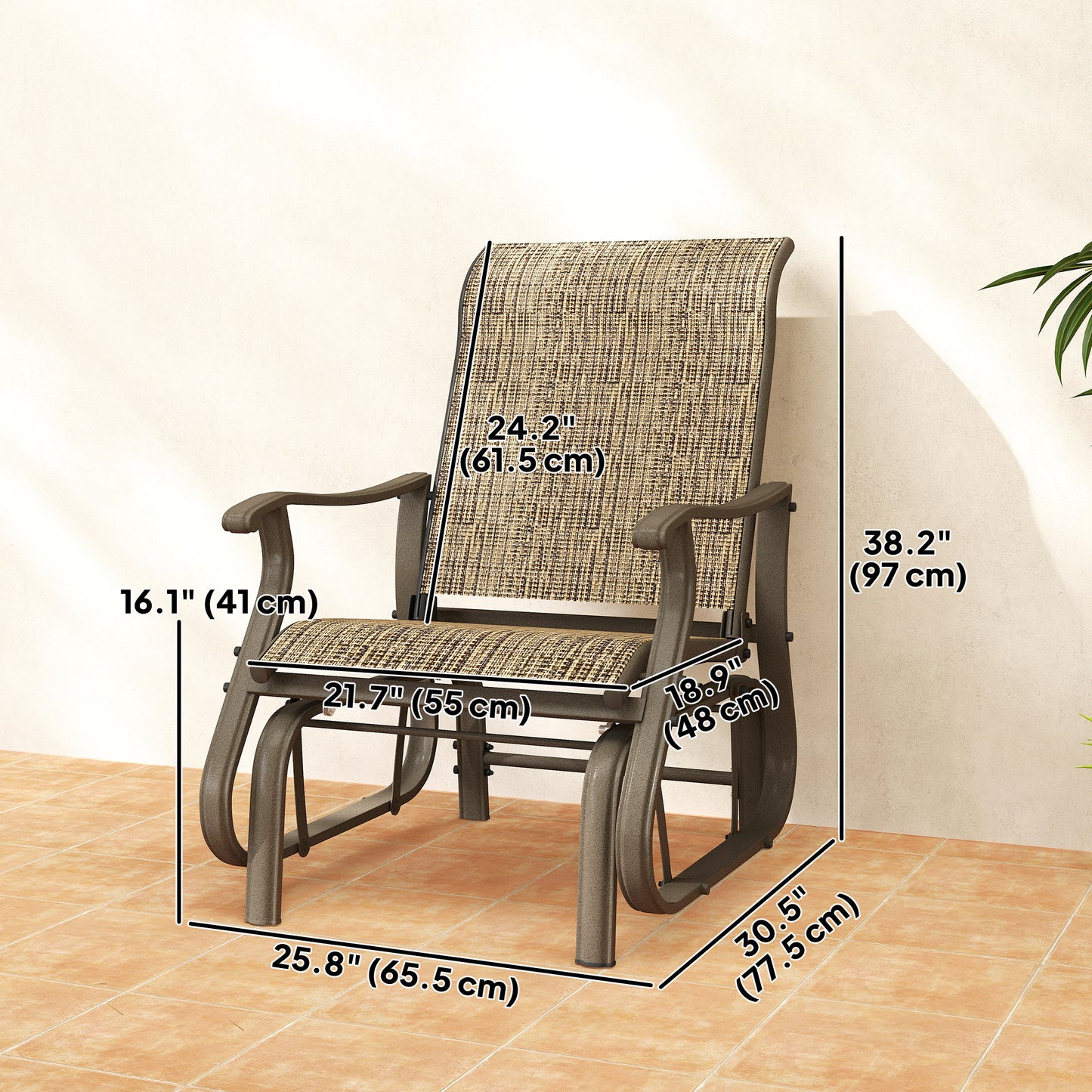 Outdoor Glider Chair, Patio Glider with Steel Frame and Mesh Fabric, Outdoor Patio Chair for Backyard, Garden and Porch, Light Mixed Brown