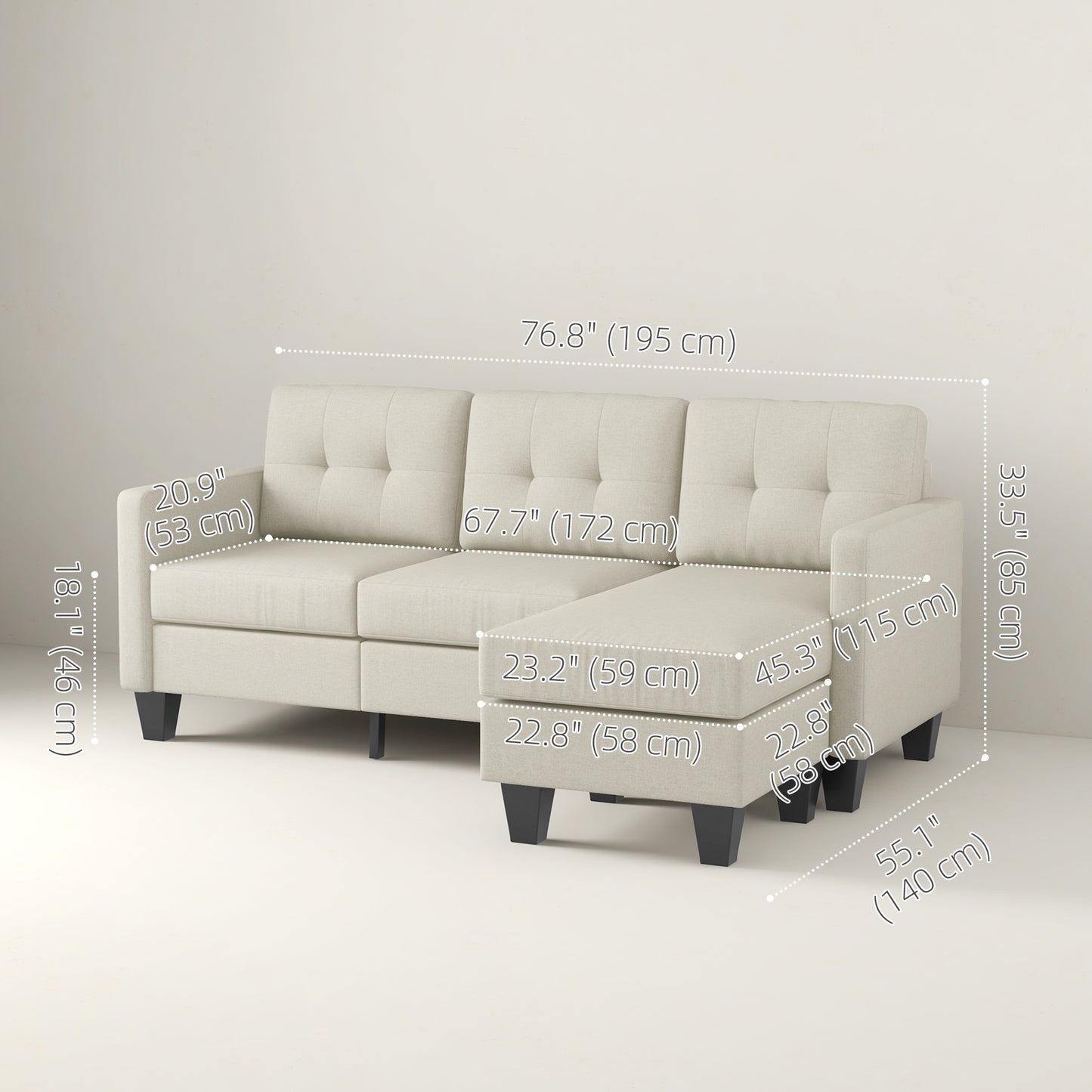 L-shaped Sofa, 3 Seater Sectional Couch with Ottoman, Corner Sofa with Thick Padded Cushion and Wood Legs, Beige