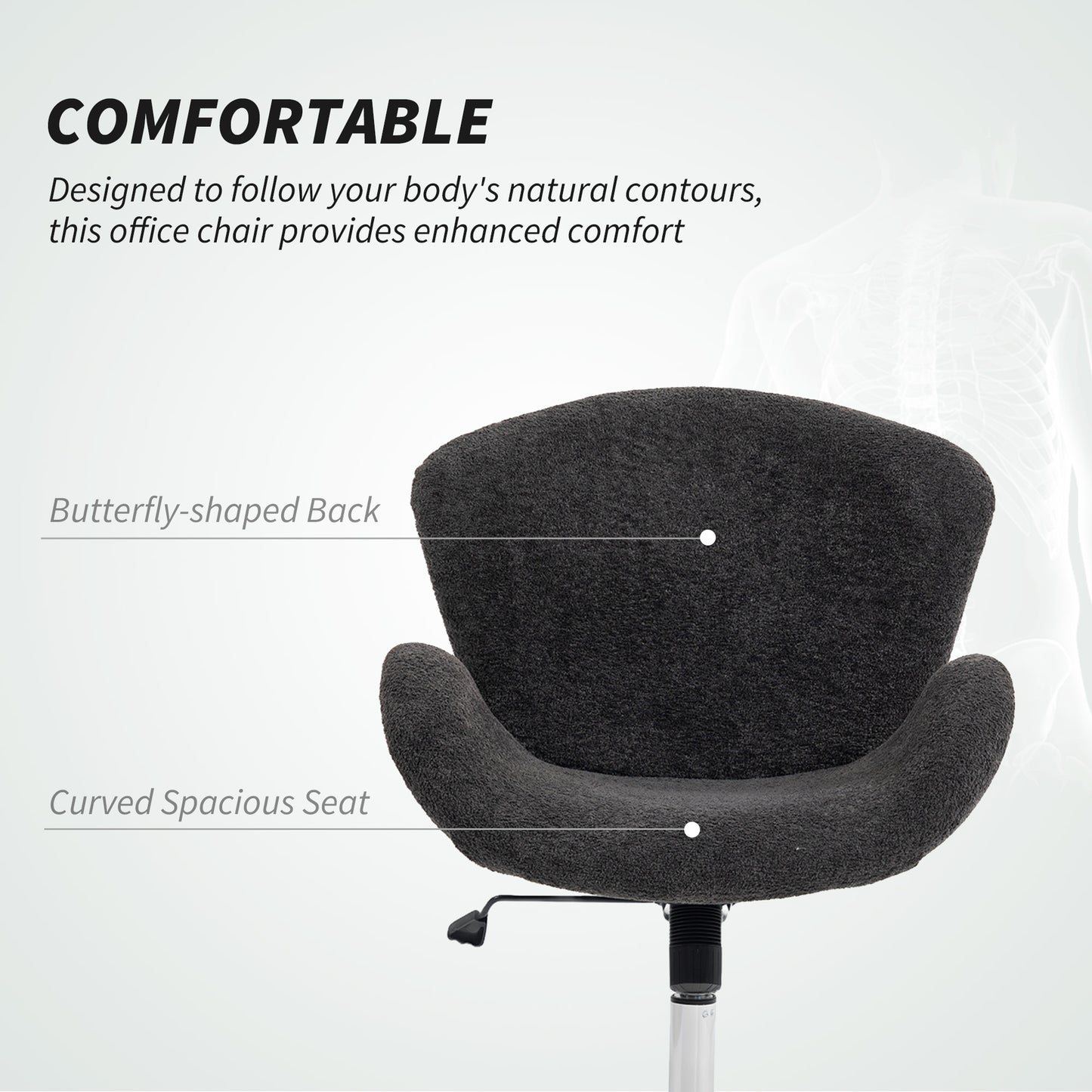 Swivel Office Chair, Velvet Desk Chair with Wide Bucket Seat, Butterfly Back, Tilt Function and Round Base, Dark Grey