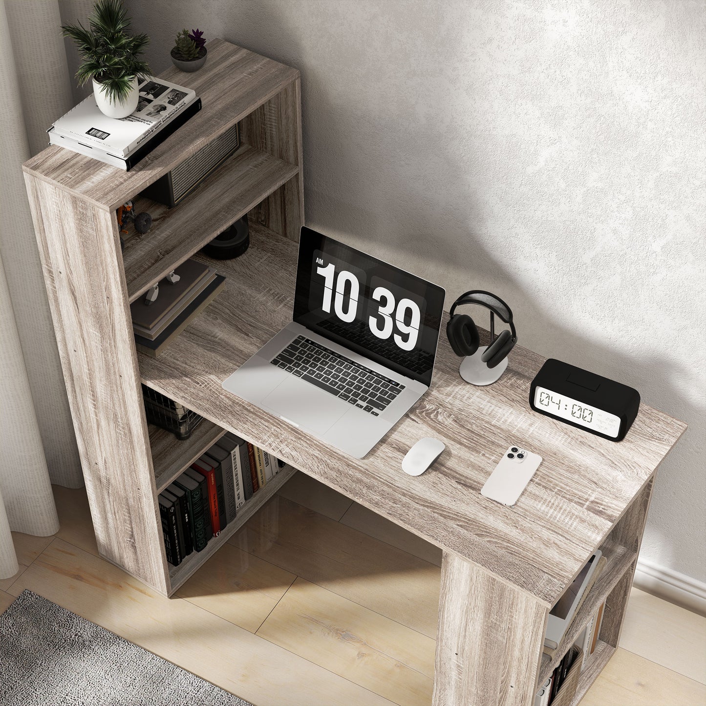 Computer Desk with Storage, PC Table with Bookshelf for Home Office, Study Room, Oak