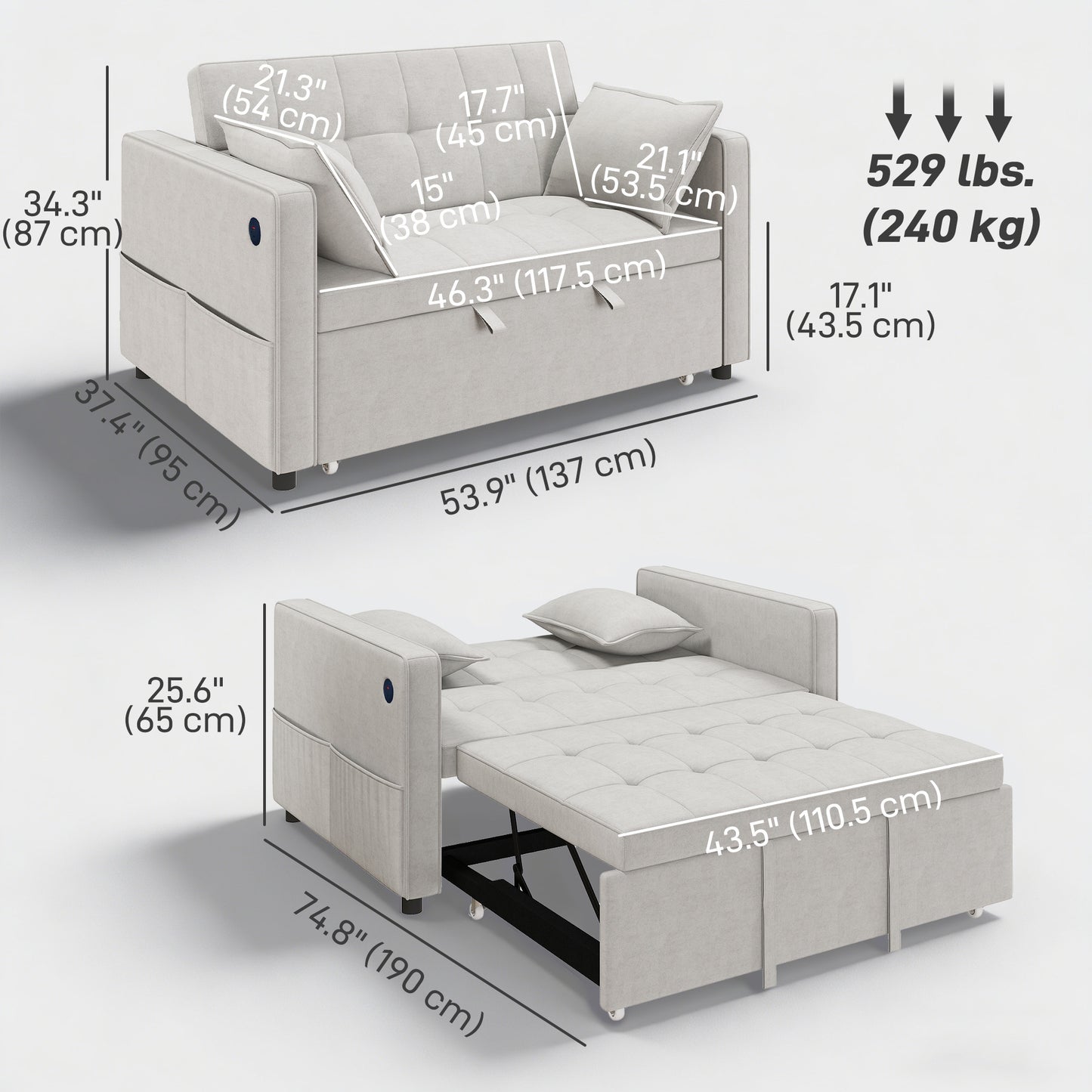 3-in-1 Convertible Sofa Bed, Pull-Out Sleeper Sofa with USB Charging, Adjustable Backrest and Side Pockets, Beige