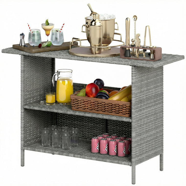 PE Rattan Bar Table with 2 Shelves & Steel Frame