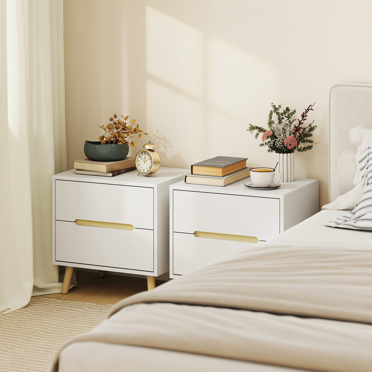 Nightstands Set of 2, Bedside Table with 2 Drawers, Modern Side End Table with Solid Wood Legs for Bedroom, White