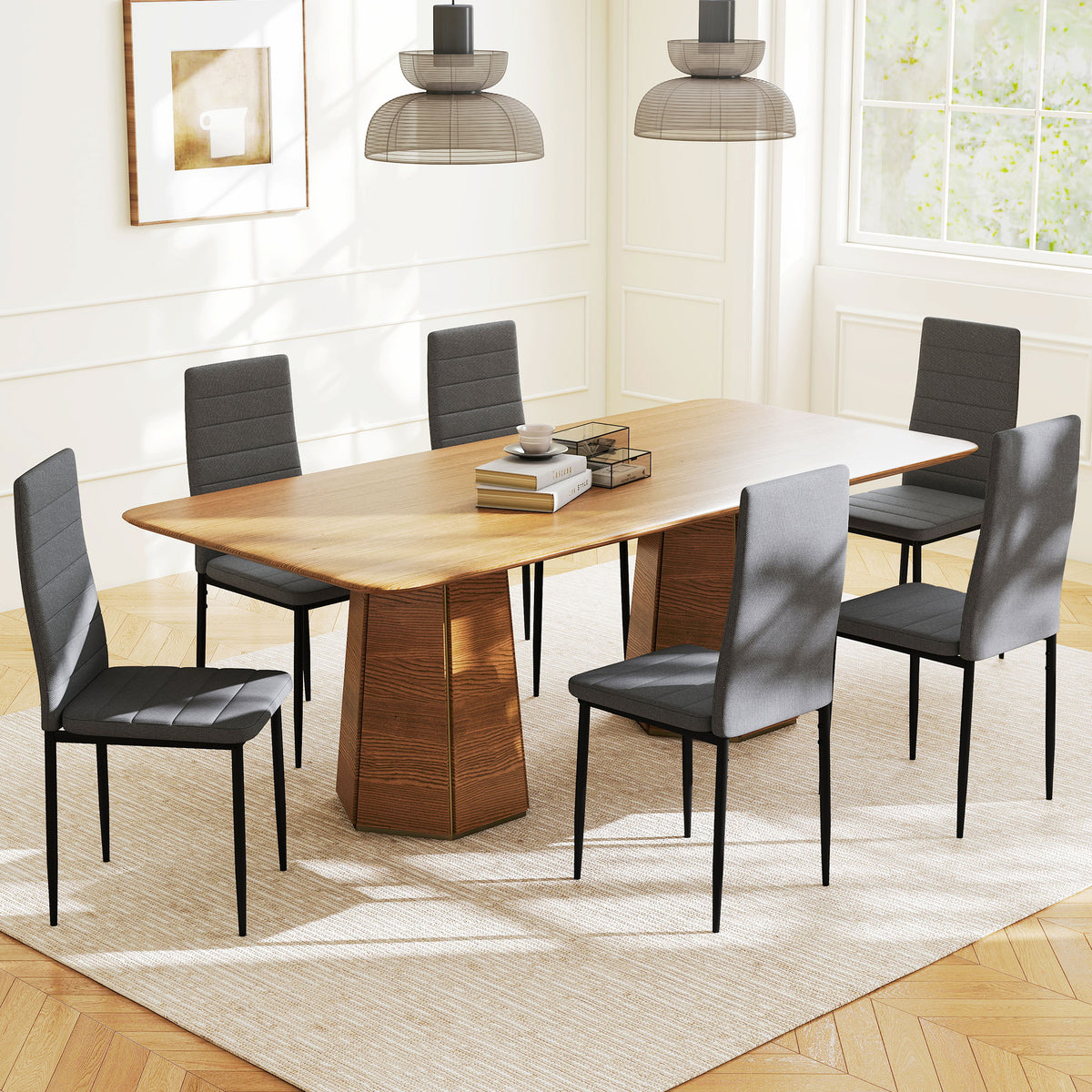 Modern Dining Chairs, Set of 6, High Back Linen Fabric Upholstery and Metal Legs for the Living Room, Home, Grey