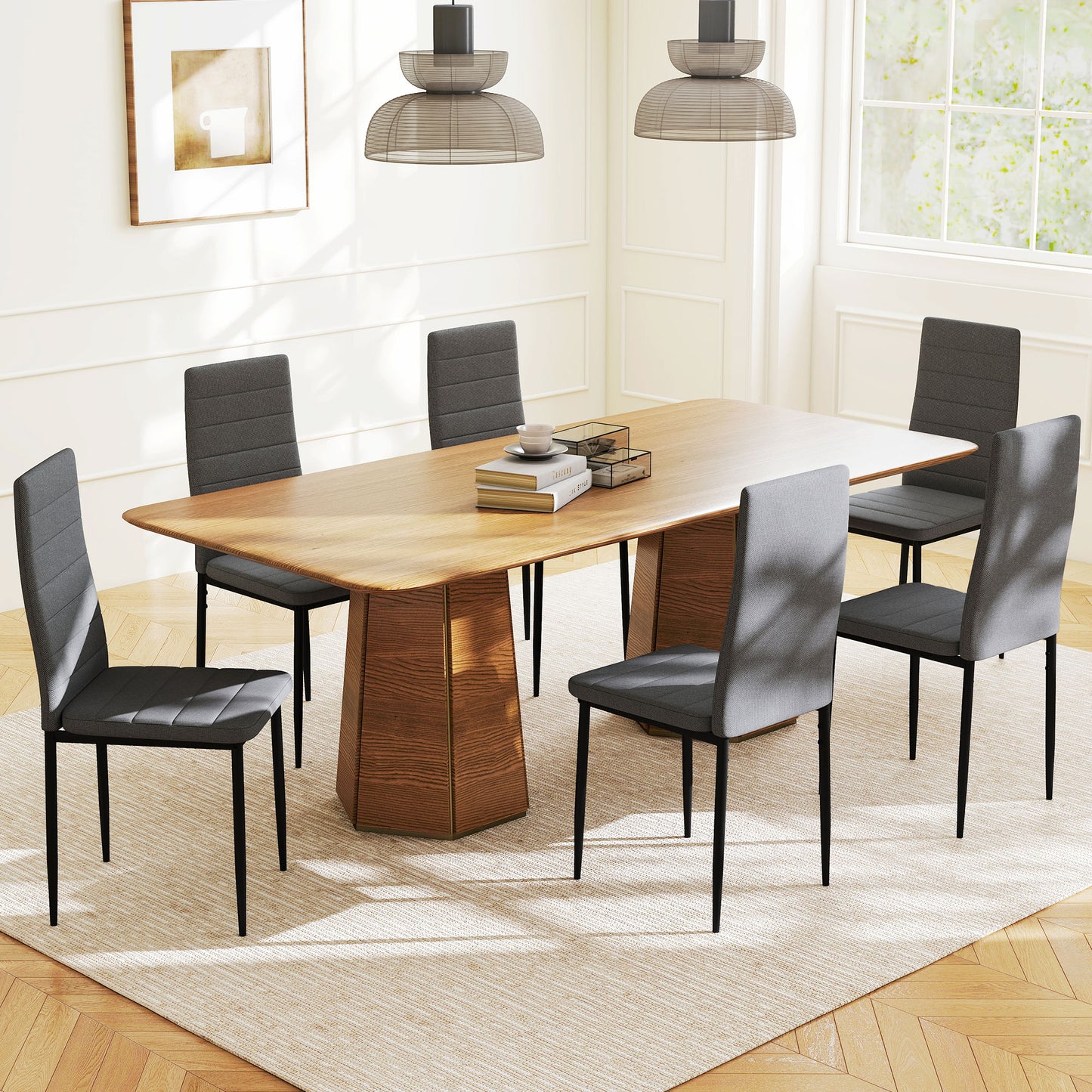 Modern Dining Chairs, Set of 6, High Back Linen Fabric Upholstery and Metal Legs for the Living Room, Home, Grey