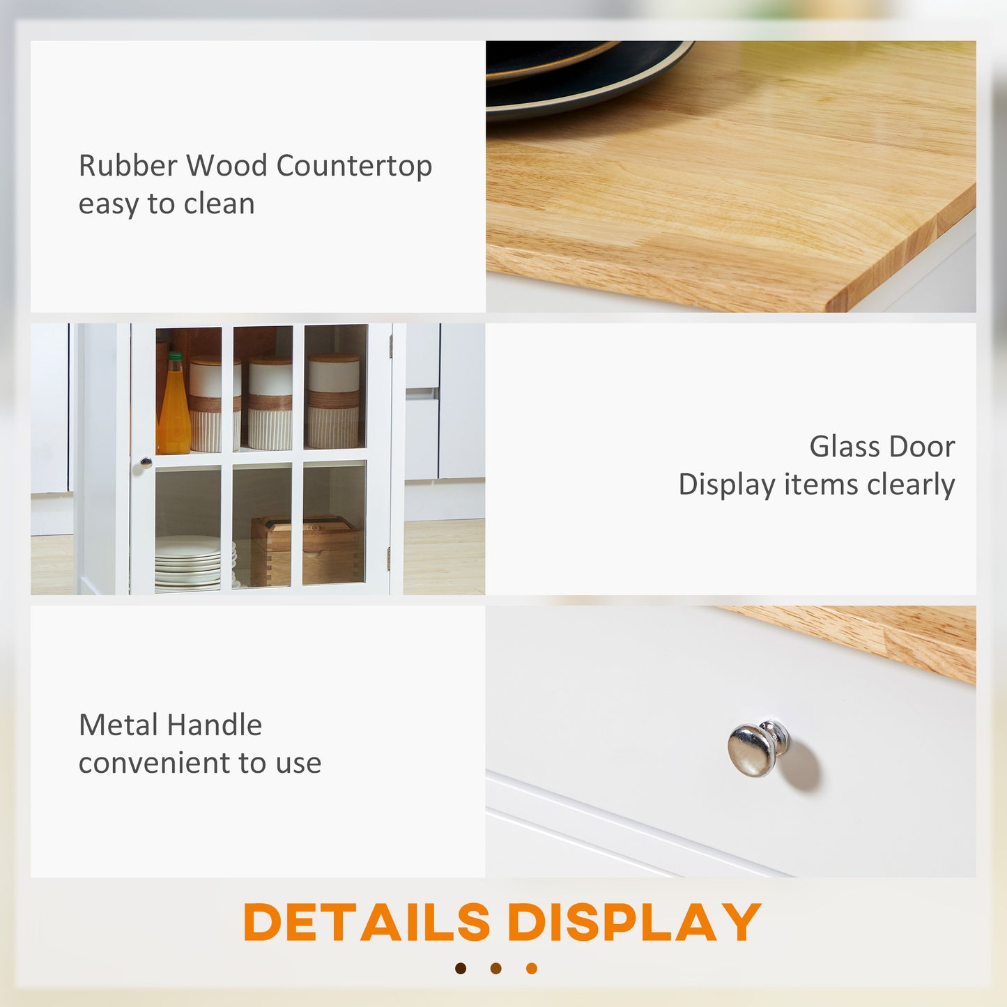 Rolling Kitchen Cart with Drawer and Glass Door Cabinet, Kitchen Island on Wheels with Towel Rack, White