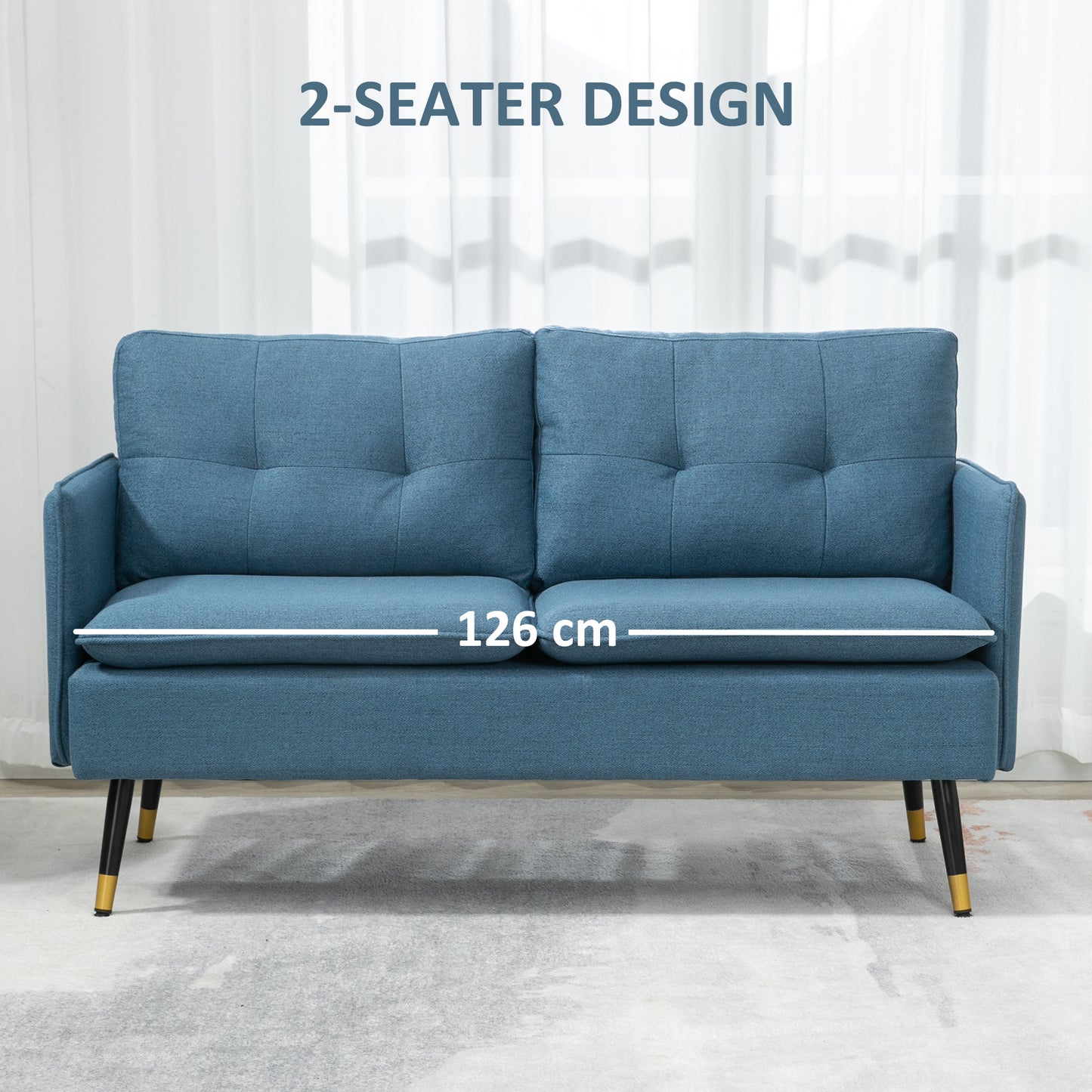 55" Loveseat Sofa, Linen Love Seat w/ S spring, Steel Legs and Button Tufting, Small Couch for Living Room, Dark Blue