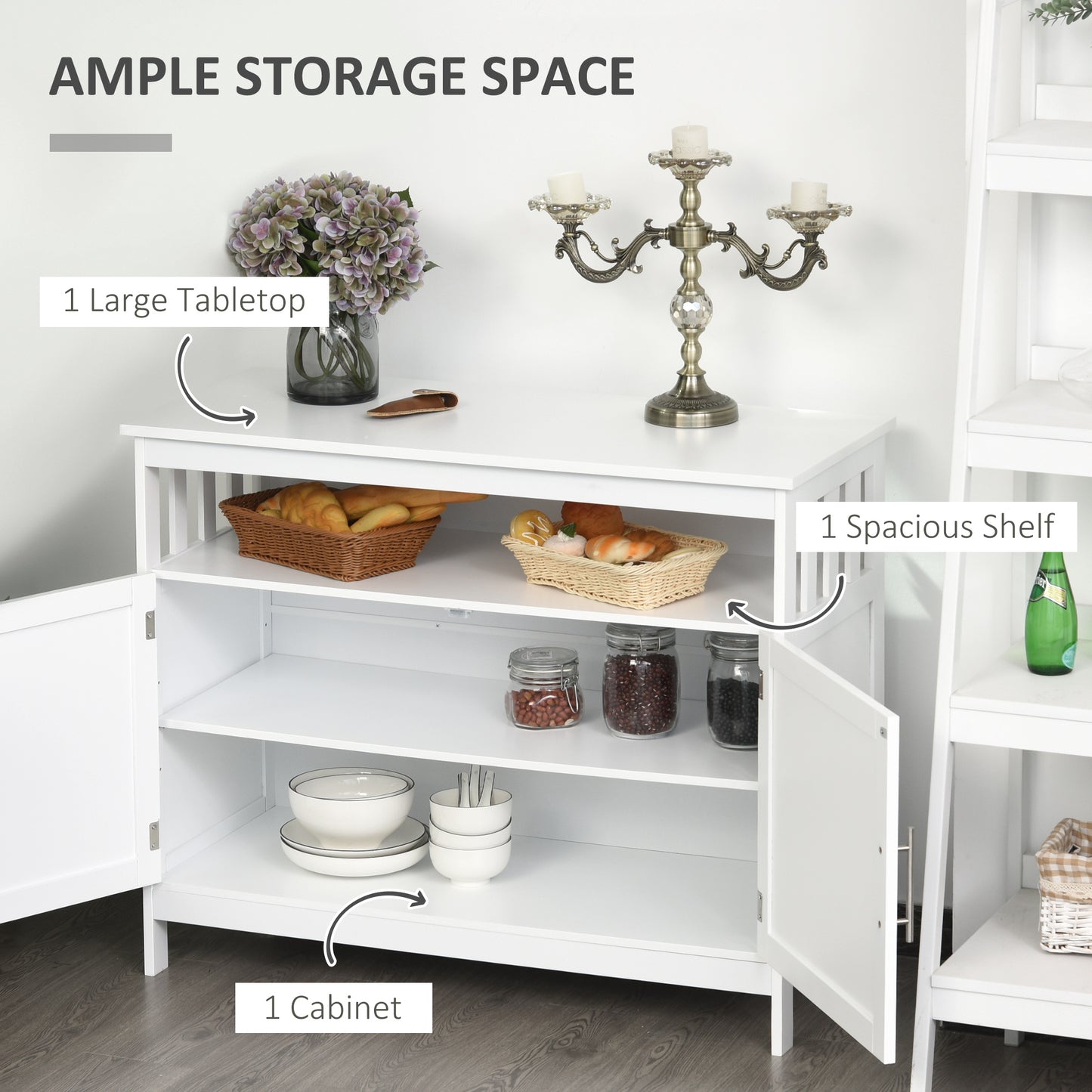 Wooden Sideboard Buffet Cabinet with Open Shelf and 2-Door Storage, White