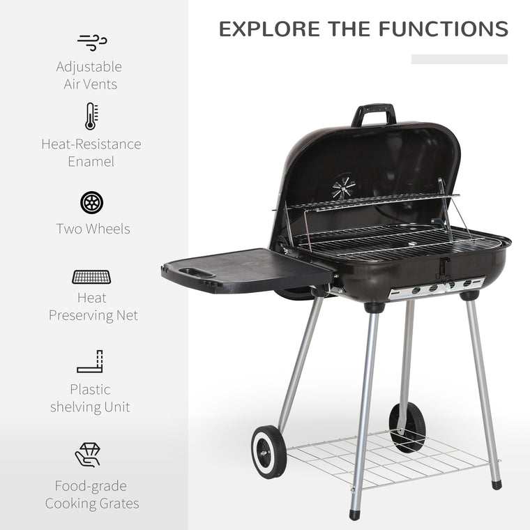 89 x 60 x 83 cm Black Charcoal BBQ Smoker with Warming Rack