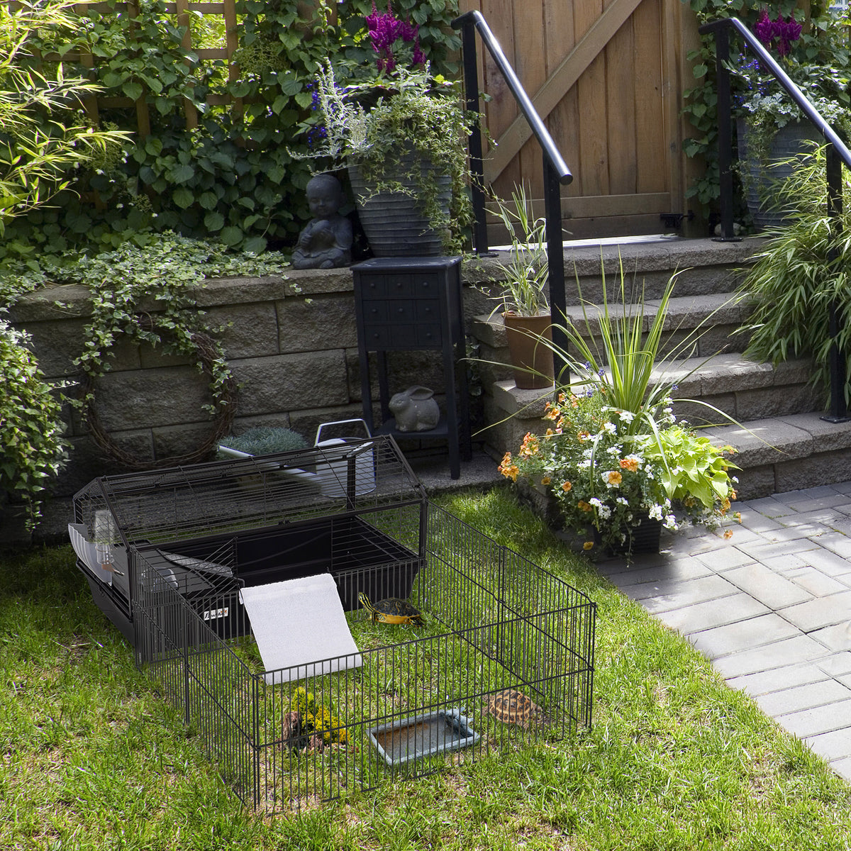 Guinea Pig Cage with Foldable Detachable Playpen, Rolling Rabbit Chinchilla Hedgehog Bunny Cage Small Animal Habitat with Water Bottle, Hay Feeder - 34.5" x 50.5" x 22"