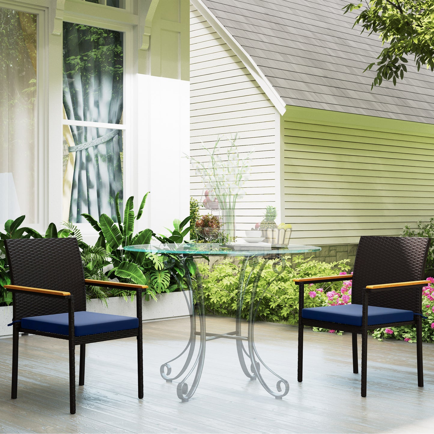 Stackable Wicker Patio Chairs Set of 2 with Removable Cushion, Armrest for Garden, Porch, Yard, Cream White