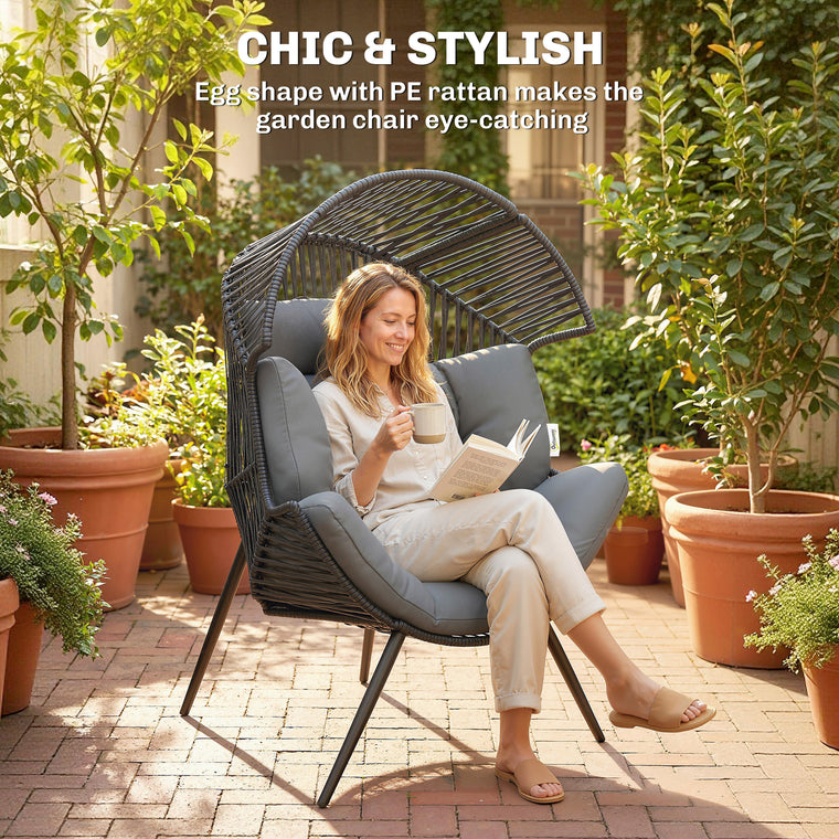 Wicker Rattan Egg Chair with Headrest and Adjustable Pads