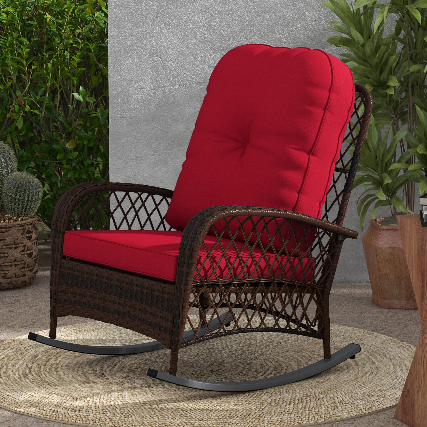 Outdoor Wicker Rattan Rocking Chair Patio Rocker with Thick Cushions for Garden Backyard Porch, Light Green