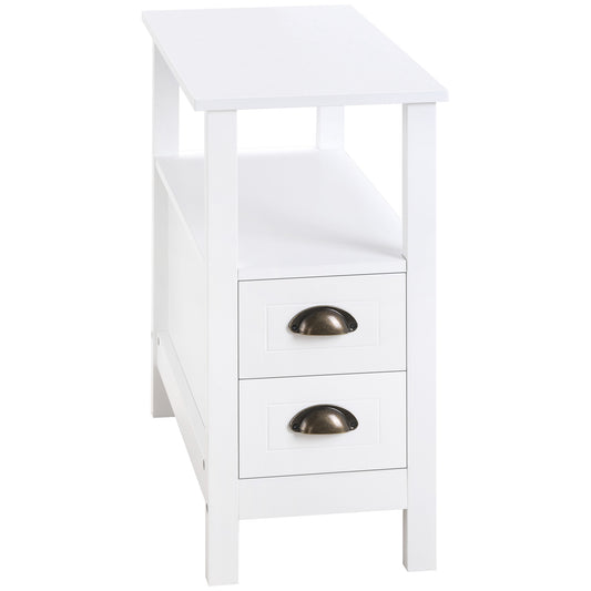 Slim End Table with 2 Drawers and Shelf - White