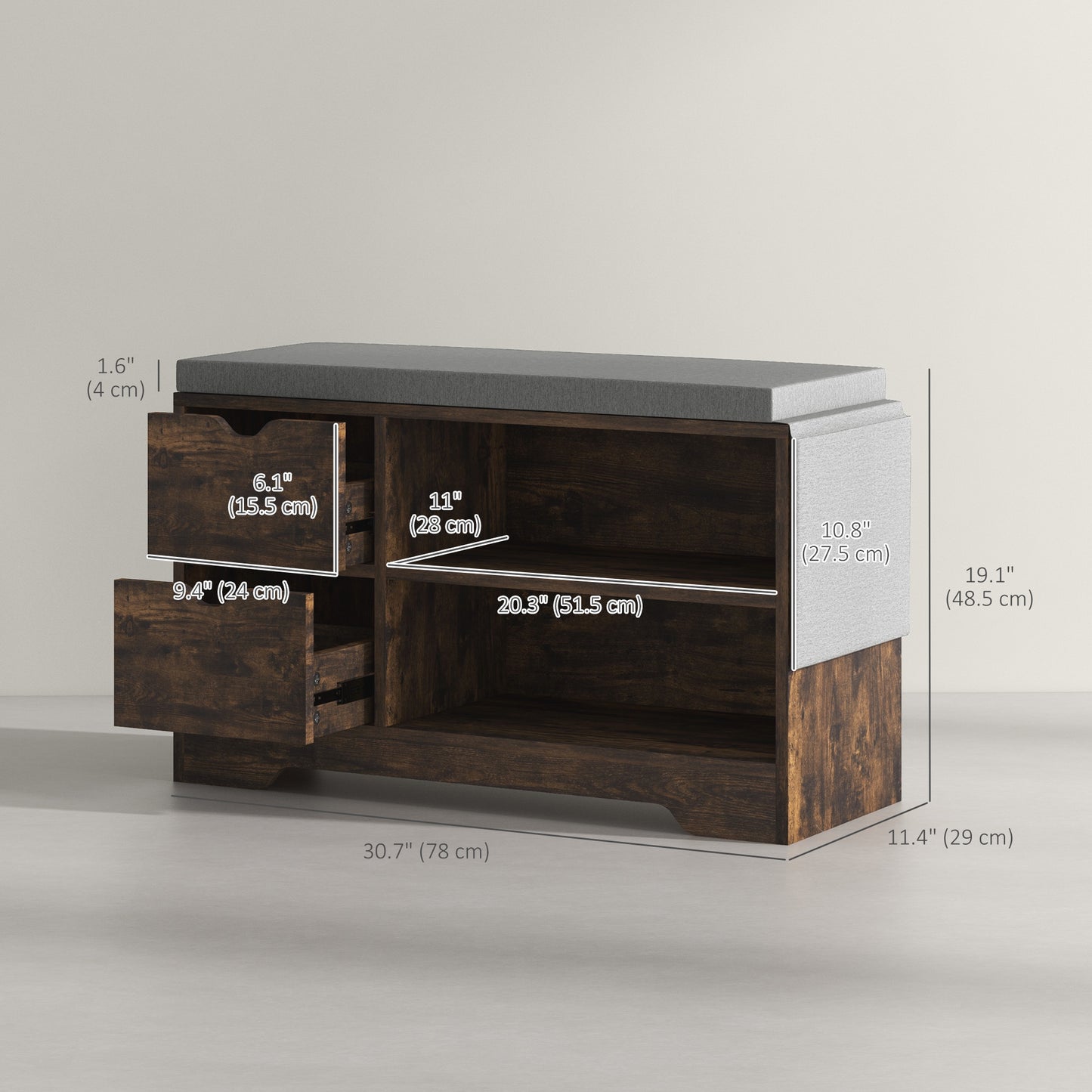 Upholstered Shoe Storage Bench w/ Seat, Entrance Bench w/ Drawer Open Shelves and Pocket for Hallway, Rustic Brown