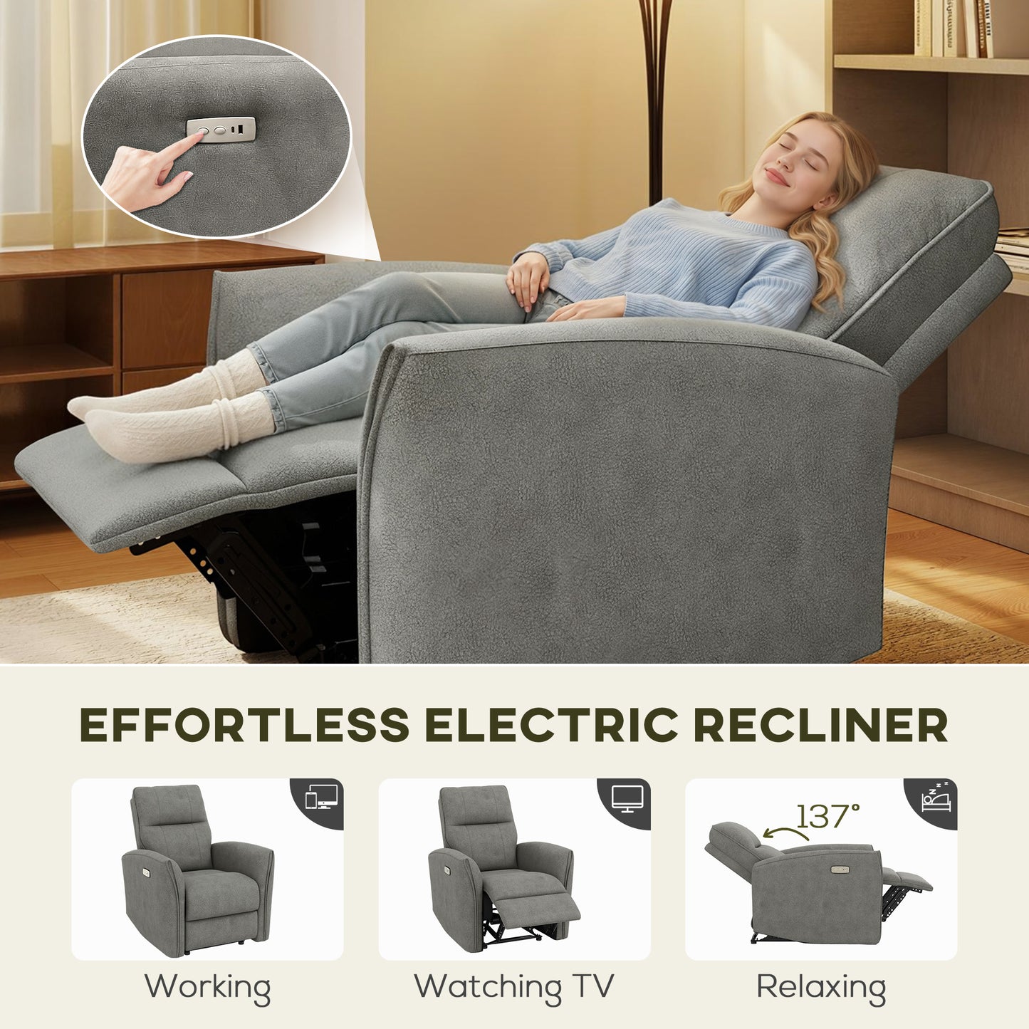 Power Recliner Chair, Dyed Fabric (Like Leathaire) Upholstered Recliner Chair with USB Ports, Footrest, Grey