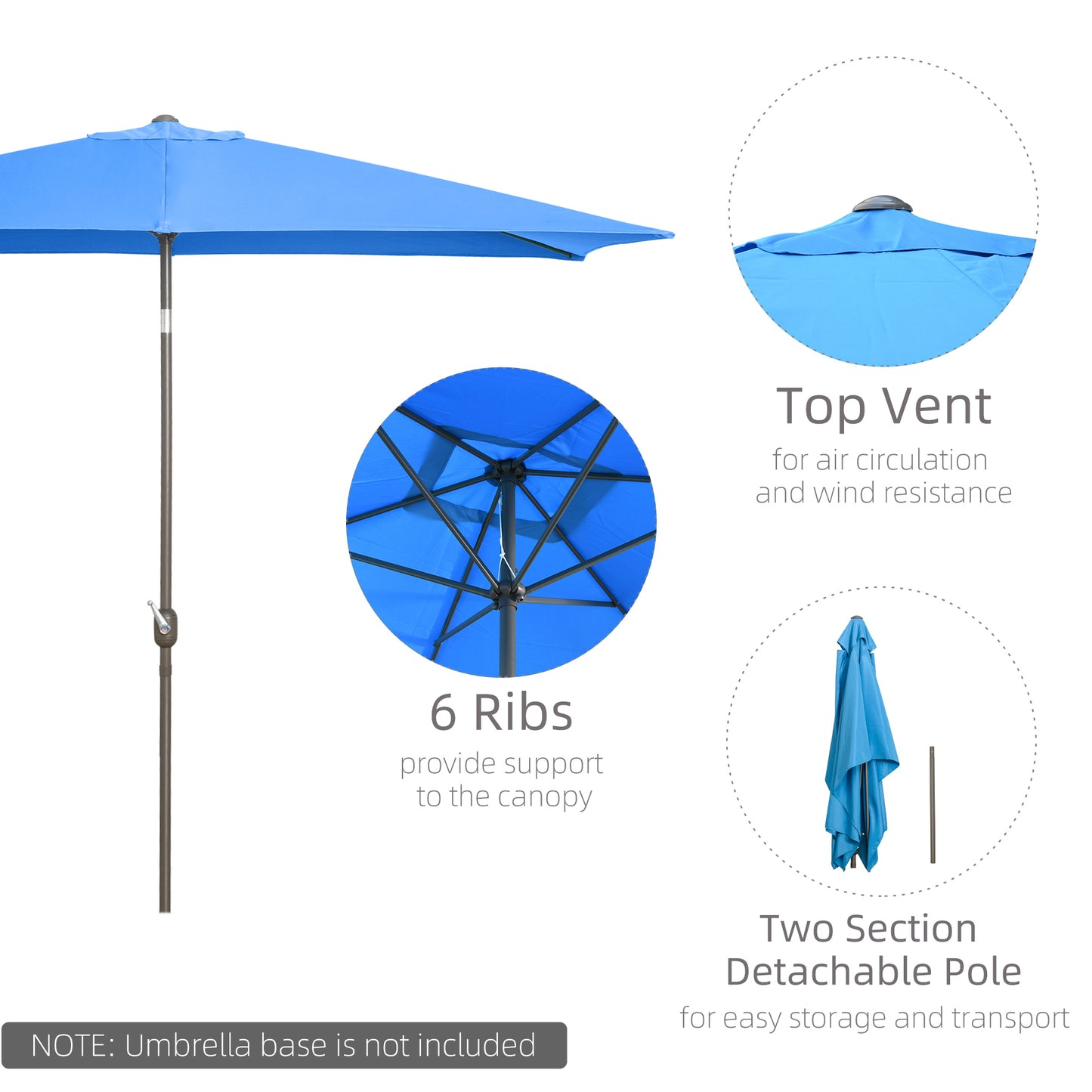 6.5x10ft Patio Umbrella, Rectangle Market Umbrella with Aluminum Frame and Crank Handle, Garden Parasol Outdoor Sunshade Canopy, Blue