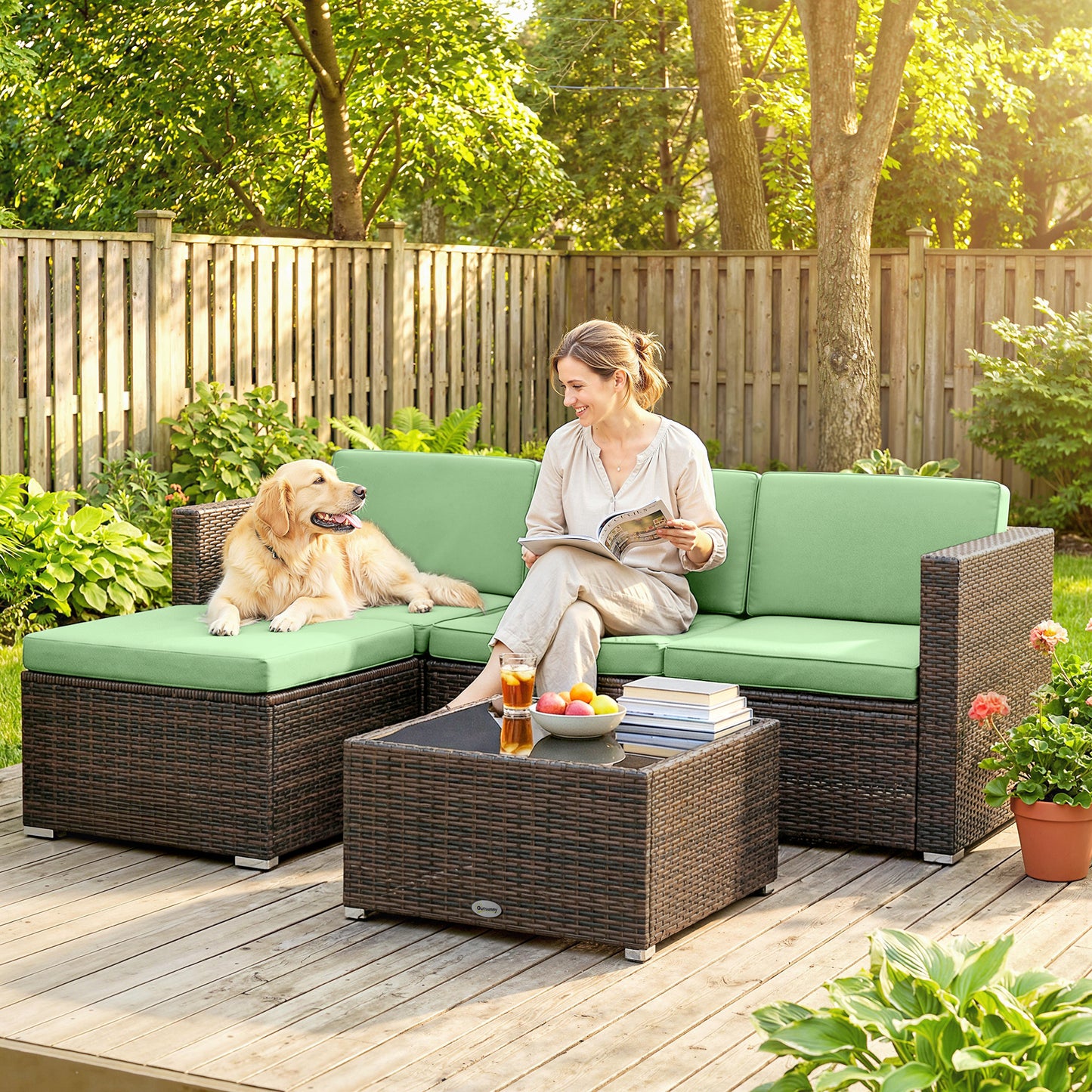 3 Pieces Patio Furniture Set with Cushions, Outdoor PE Rattan Wicker Conversation Corner Sofa Set, Light Green
