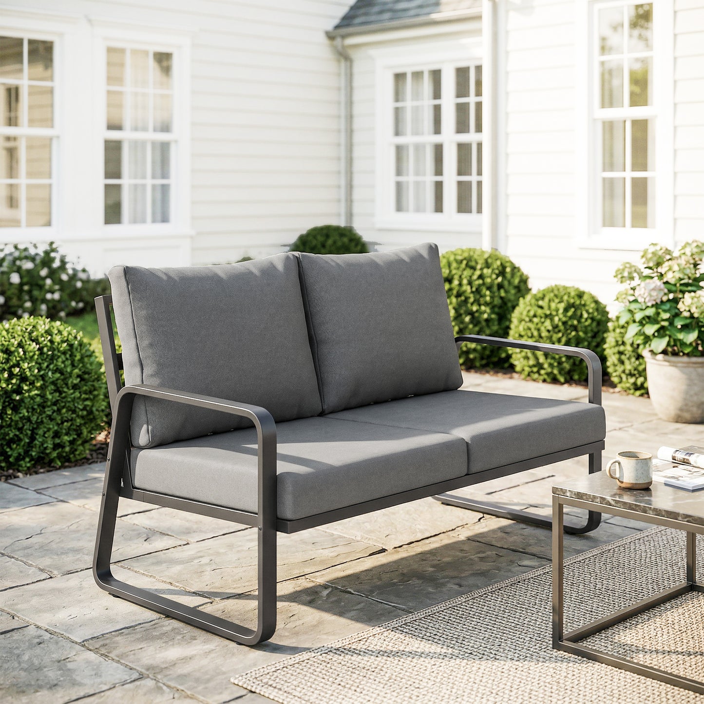 Outdoor Sofa Thick Cushions Outdoor Patio Couch Loveseat 2 Seater for Garden Black and Light Grey