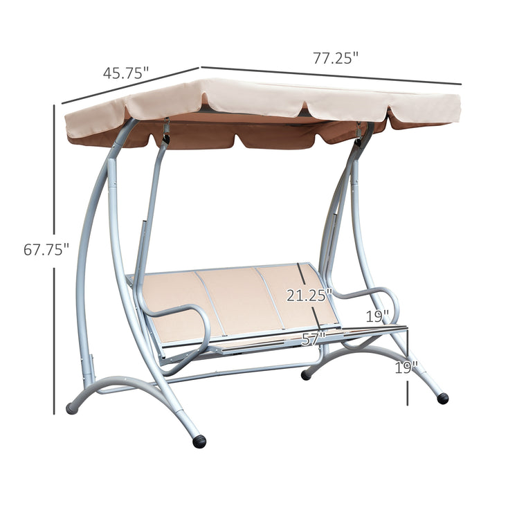 Beige 3-Seat Metal Swing Hammock with Canopy Cover